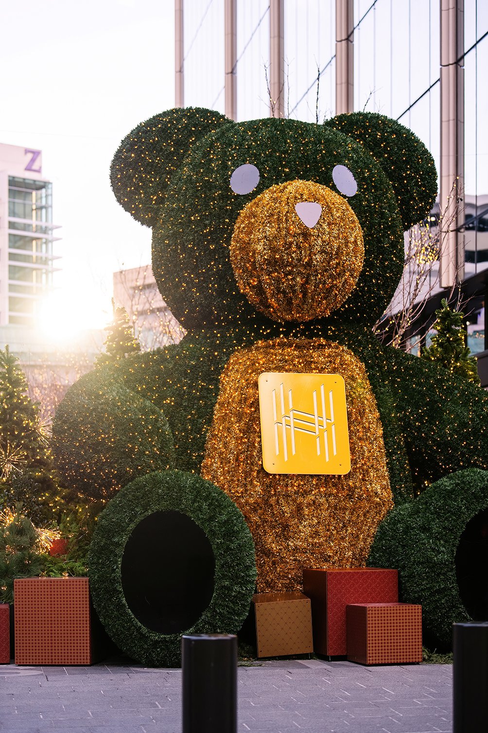   Holiday lights illuminating Nick Gilbert Way at Hudson’s Detroit in Detroit, part of Bedrock’s SHoP Architects project.  