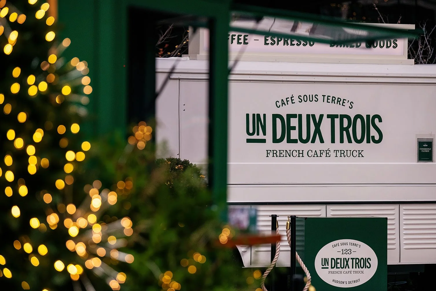   Holiday installation glowing at Nick Gilbert Way in Detroit at Hudson’s Detroit by SHoP Architects for Bedrock.  