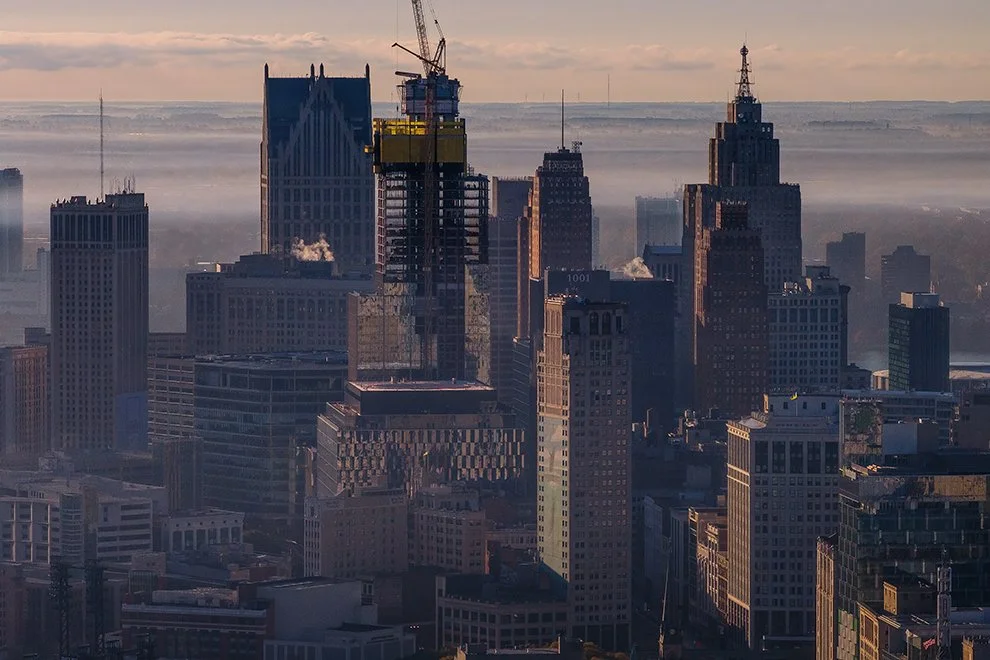  Urban streetscape featuring Hudson’s Detroit in downtown Detroit designed by SHoP Architects. 