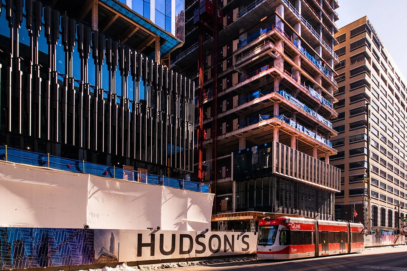  Exterior architectural composition featuring Hudson’s Detroit in downtown Detroit by SHoP Architects. 