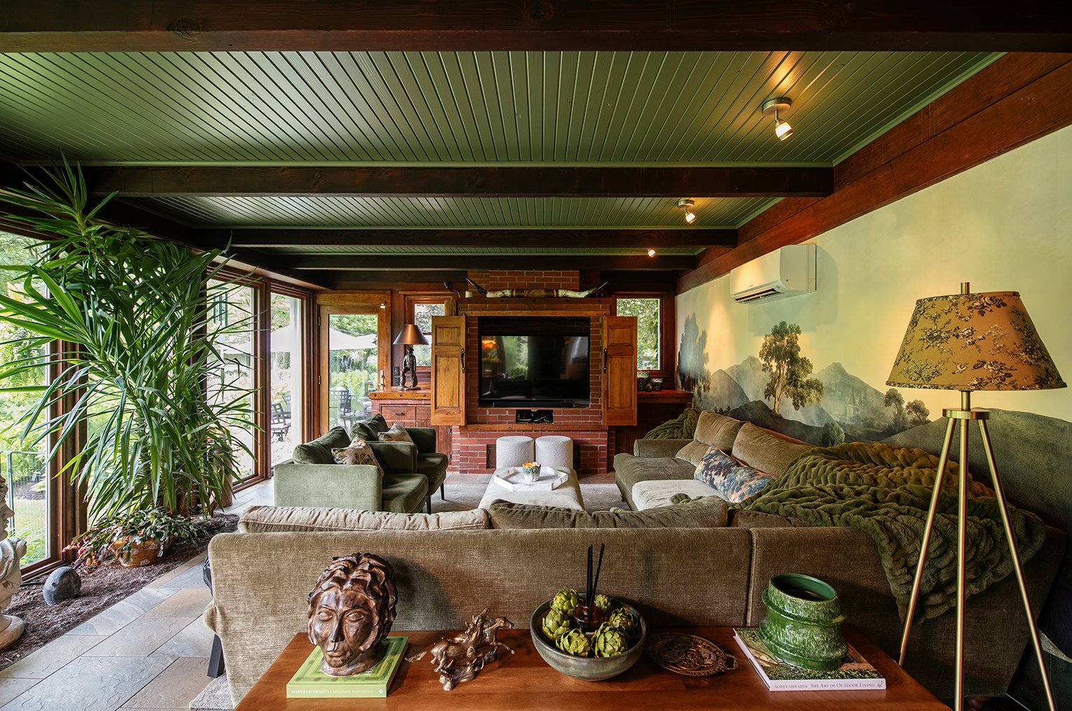 Architectural and interior residential photograph taken of The Gratz Life for HGTV. This image shows the family room of the home.
