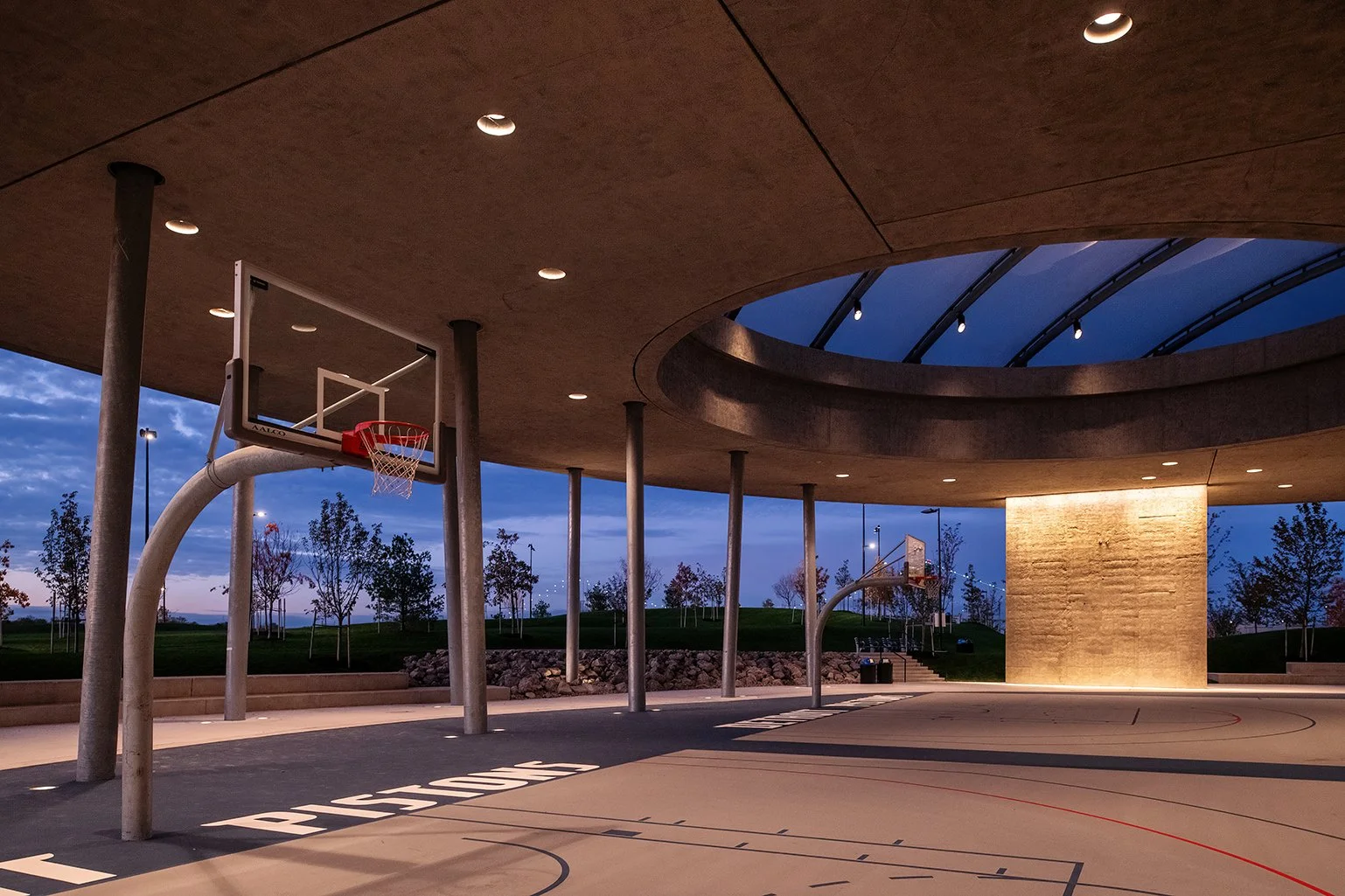 Exterior view of the William Davidson Sport House in Detroit, an open-air sports pavilion designed by Adjaye Associates.