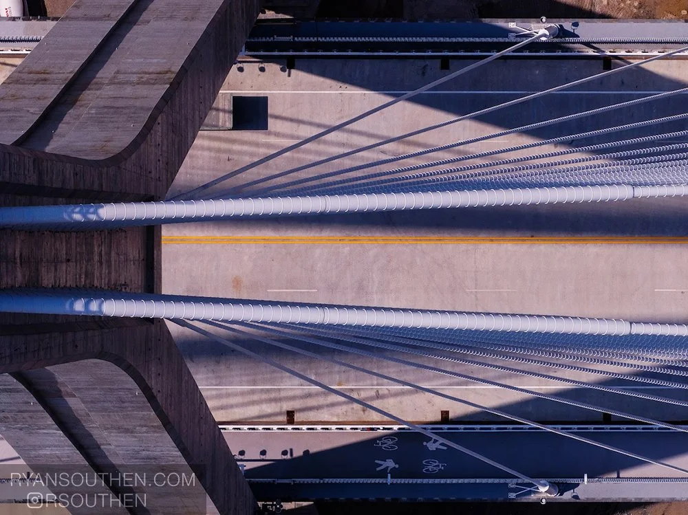 Gordie Howe International Bridge opening event in Detroit, photographed against the architecture of the AECOM-designed bridge.