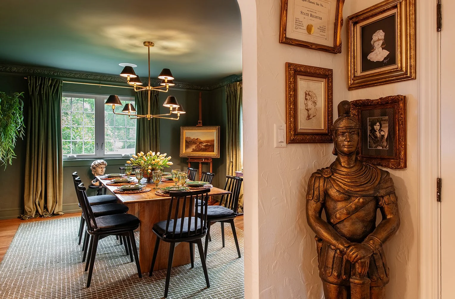 This historic Tudor dining room in Michigan feels grounded and inviting, a space made for slow meals and meaningful connection, as shared by The Gratz Life.