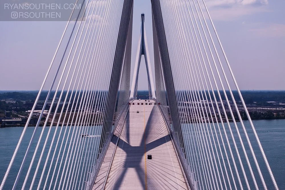 Detroit view of the Gordie Howe International Bridge during its opening, highlighting the bridge design by AECOM.