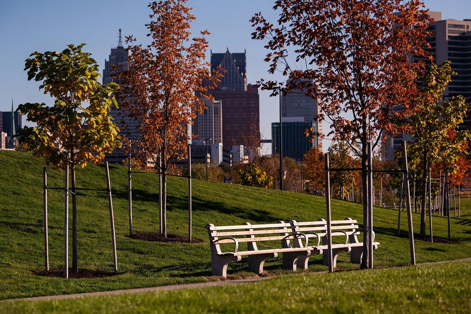 Pedestrian paths and open green space at Ralph C. Wilson Jr. Park in Detroit, created by the Detroit Riverfront Conservancy and designed by MVVA.