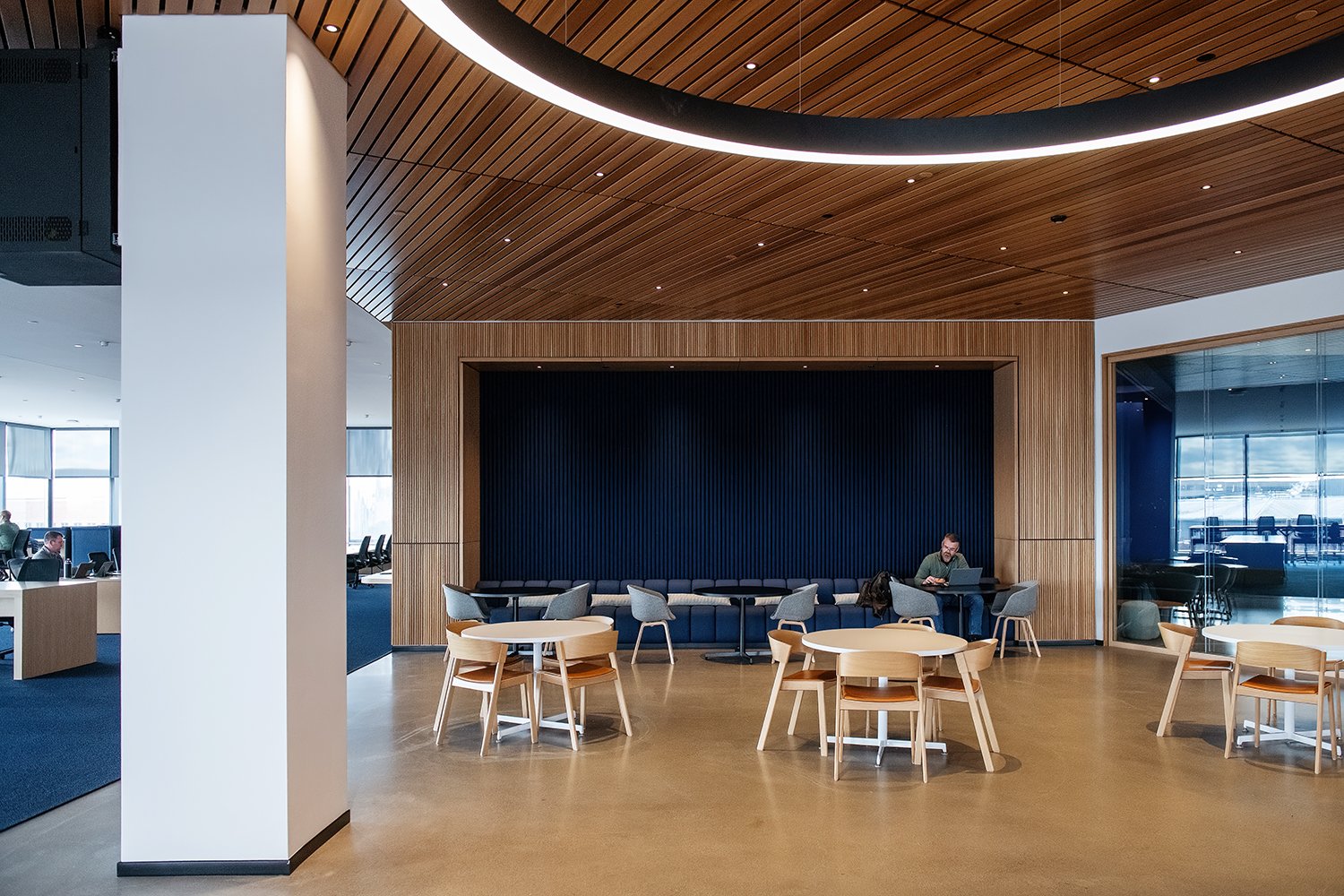 Interior environment at the Ford World Headquarters reflecting a modern, people-centered design approach by Snøhetta.