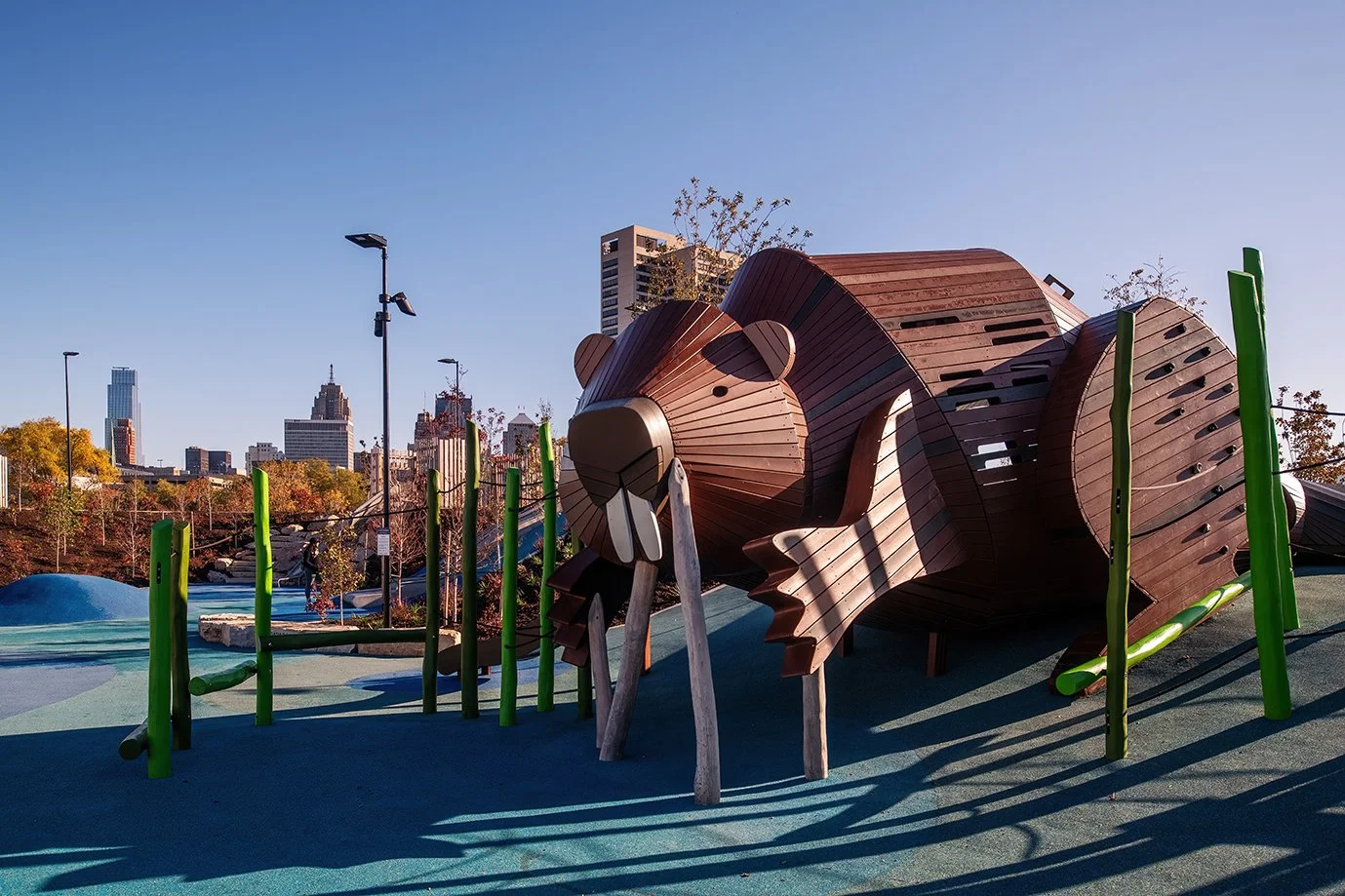 Open lawn and gathering areas within Ralph C. Wilson Jr. Park in Detroit, part of the Detroit Riverfront Conservancy’s vision and MVVA’s landscape design.