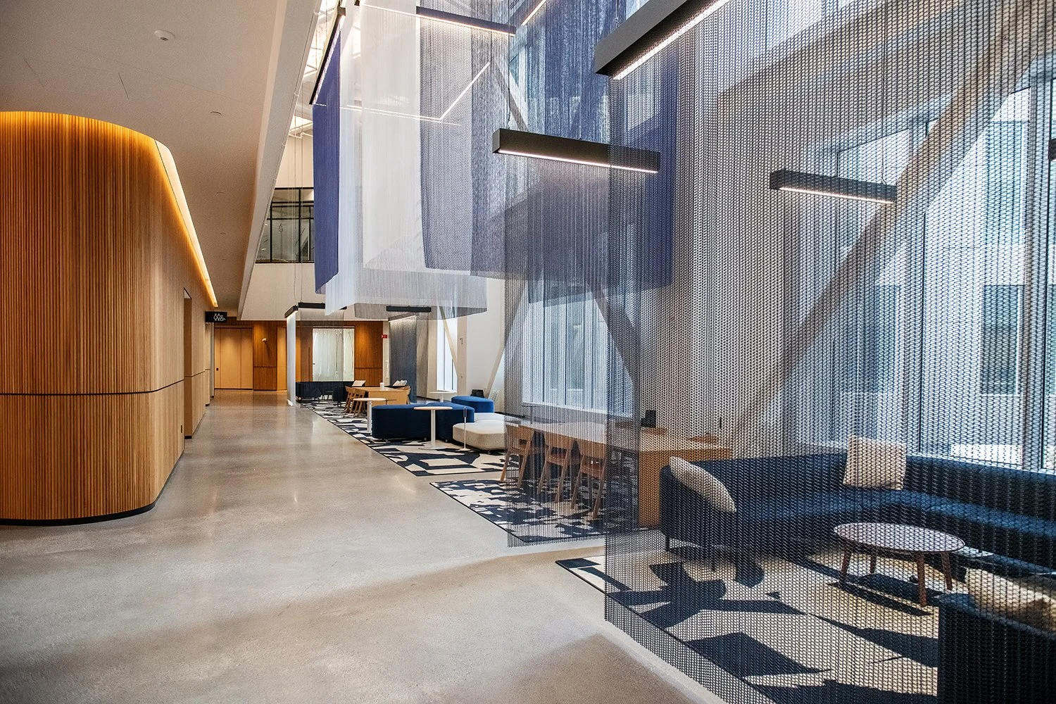 Interior view capturing the calm, contemporary atmosphere of the Ford World Headquarters created by Snøhetta.