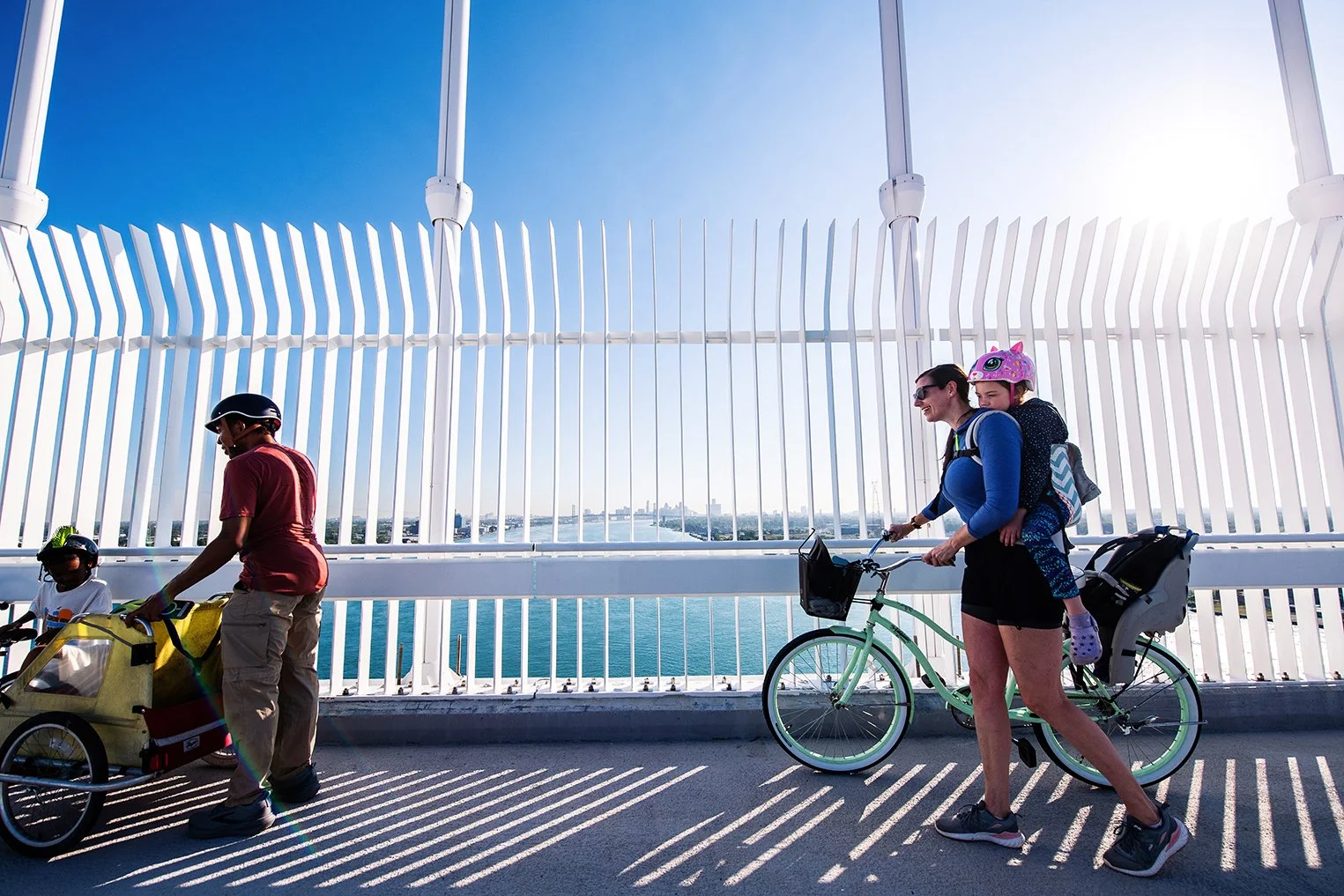Pedestrian view from the Gordie Howe International Bridge during the grand opening between Detroit and Windsor.