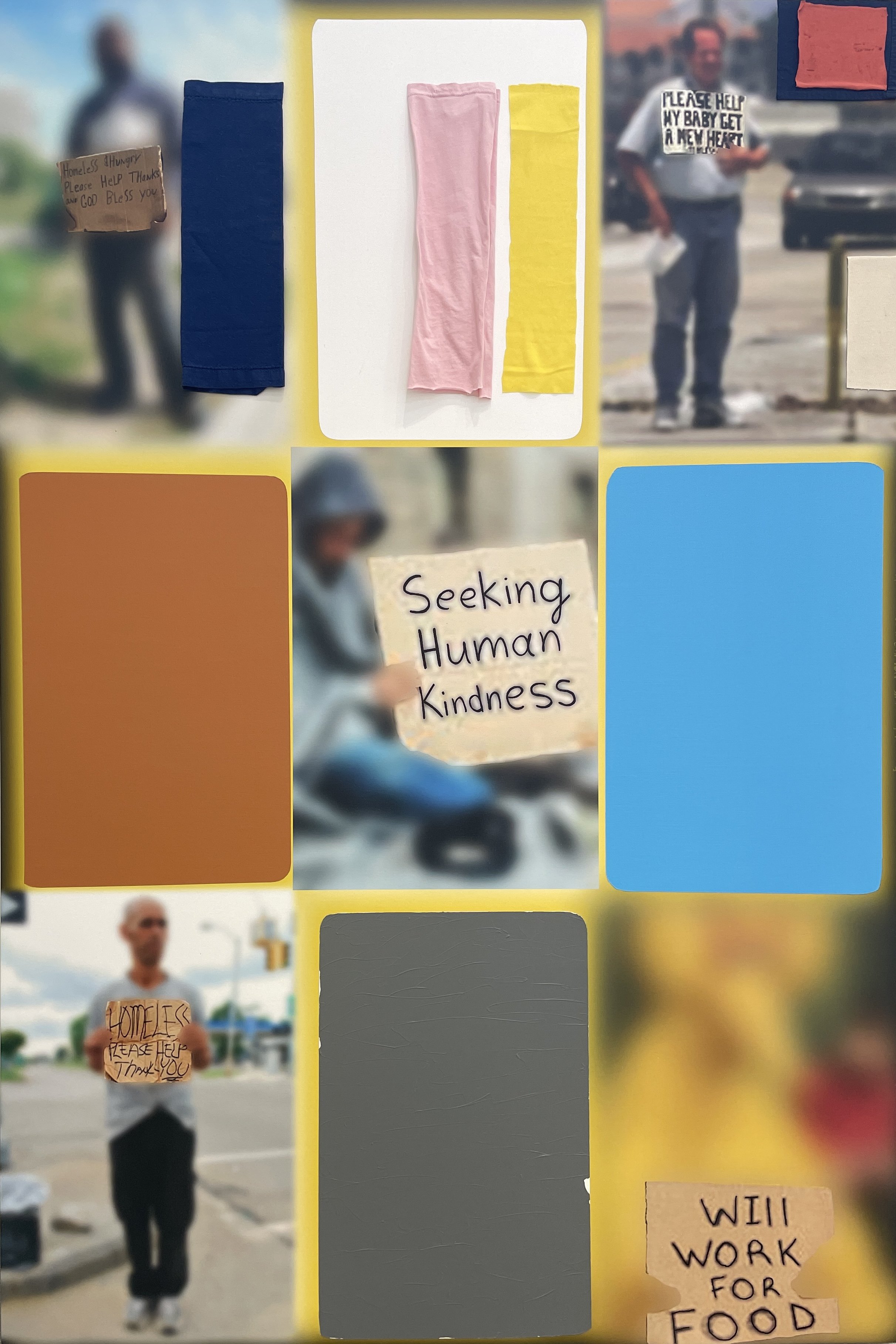   Seeking Human Kindness   2024-25  giclee, acrylic, acrylic marker, gesso, sharpie, collage on canvas  75 × 50 