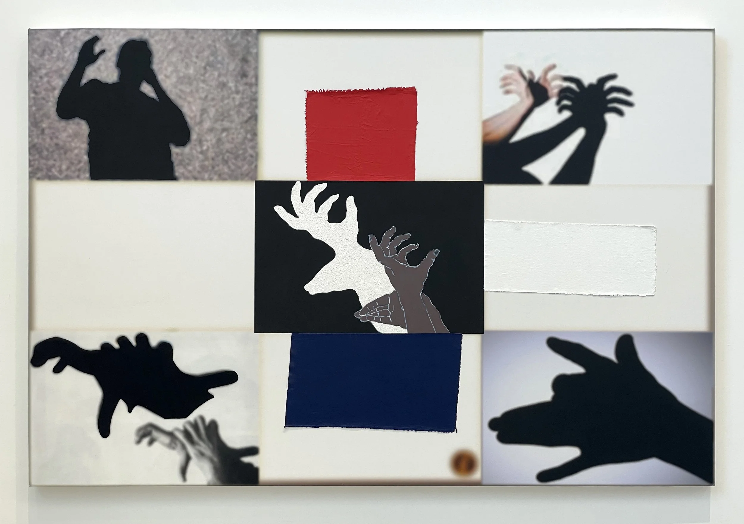   Shadow Puppets   2021  giclee, oil, acrylic, collage on canvas  50 x 75 