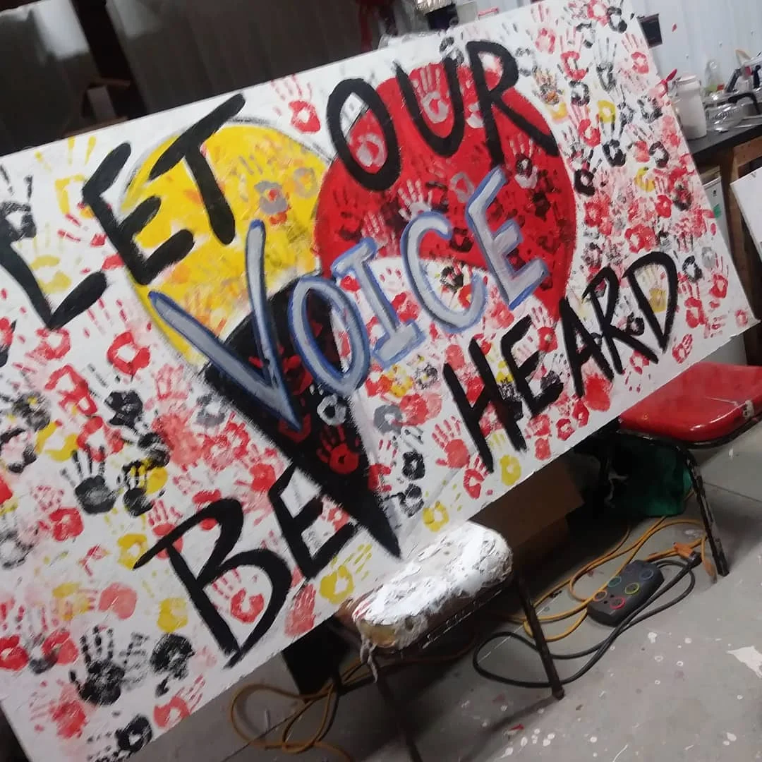 Community mural completed during a workshop with Wesley May (Red Lake Band of Chippewa)