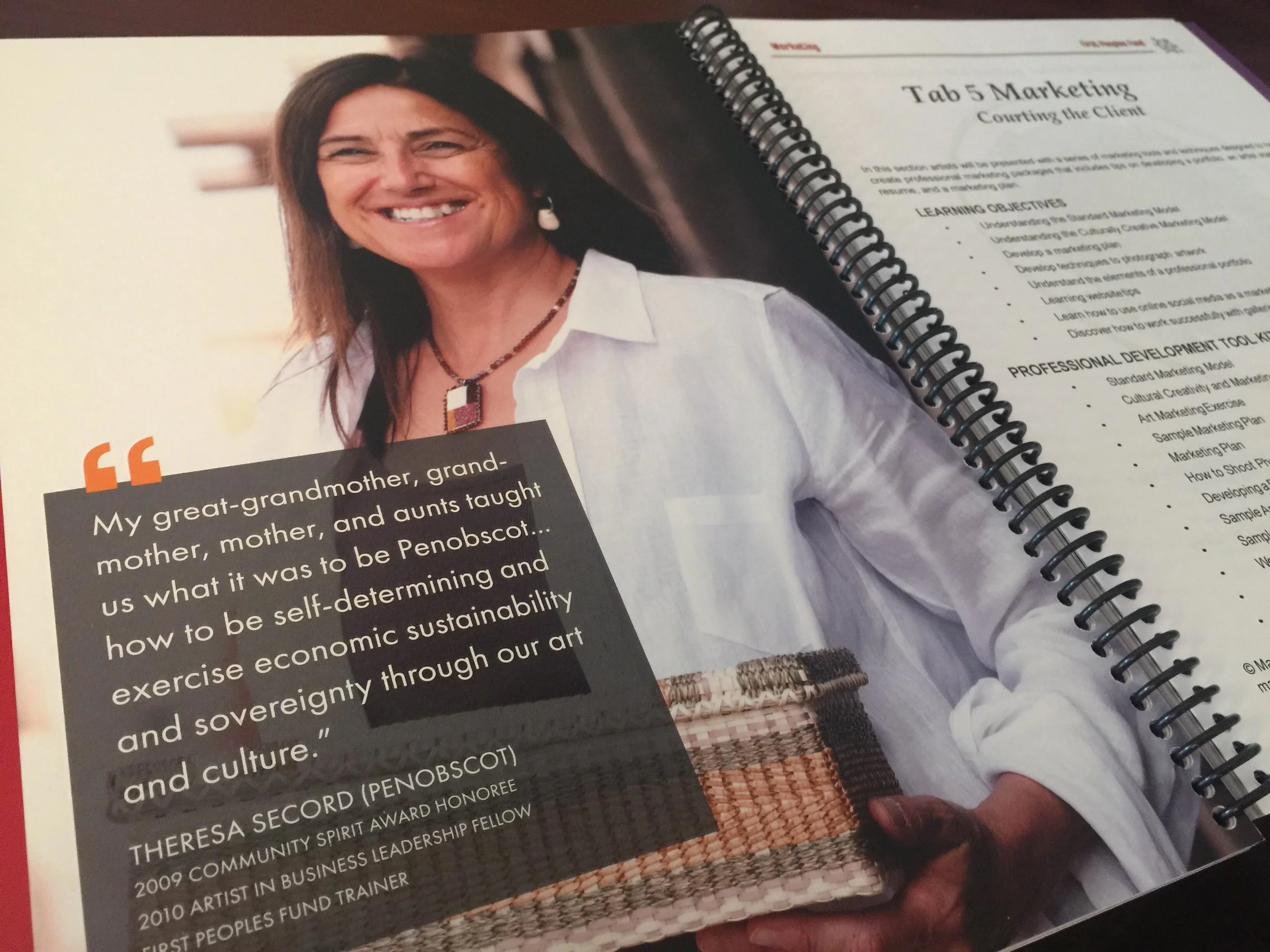 Marketing component of the NAPD training manual, featuring NAPD trainer and CSA honoree Theresa Secord (Penobscot). Photo courtesy of FPF.