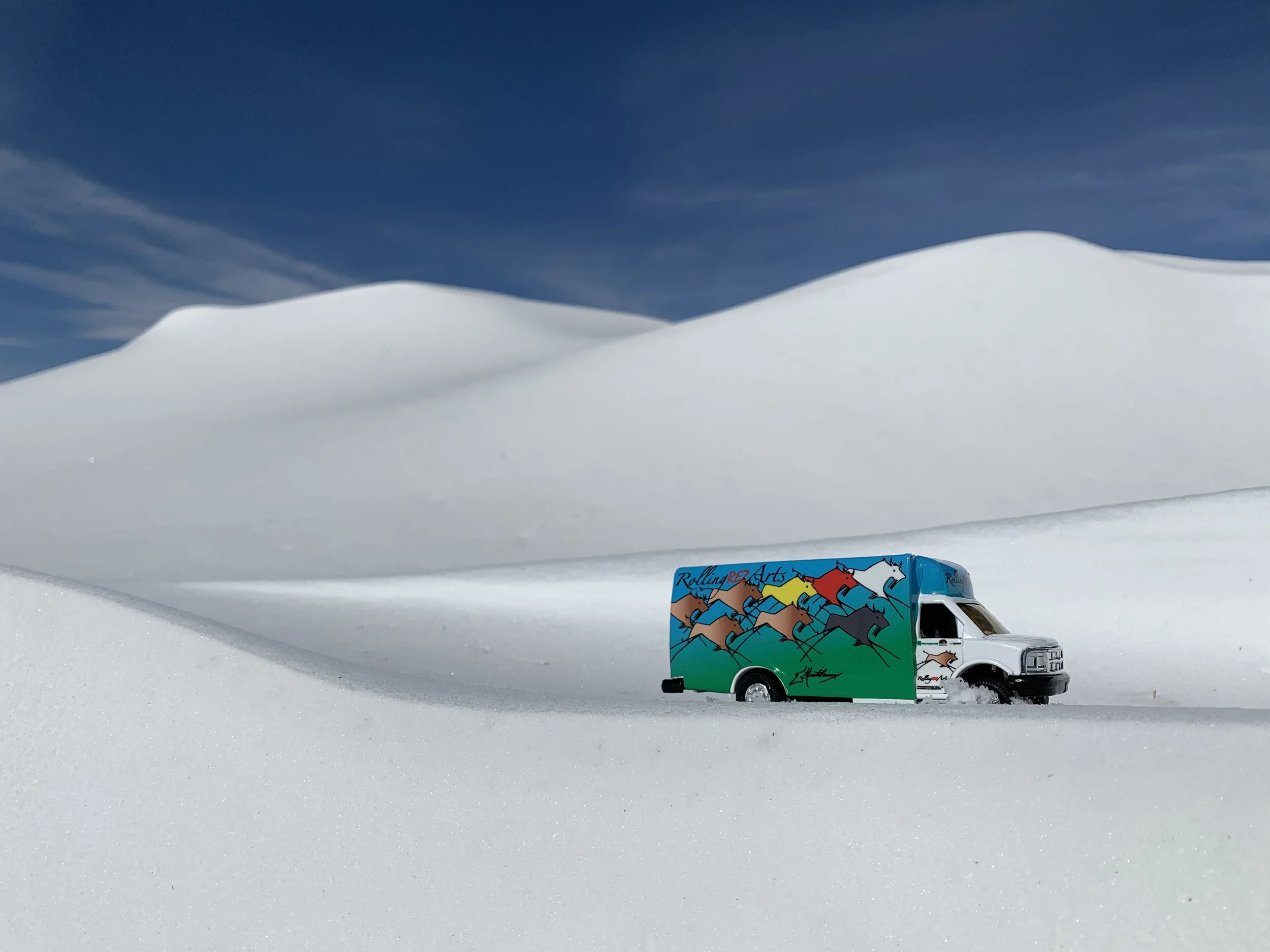 Rolling Rez Arts Bus model replica. Photo by Bryan Parker (White Mountain Apache, Muscogee Creek, Mississippi Choctaw).