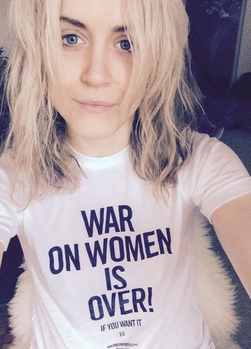 Actress Taylor Schilling wearing the "War on Women is Over! If You Want It" T-shirt