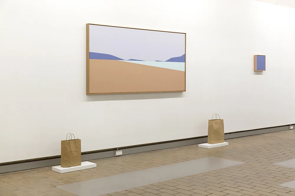 Show Bags (Sydney Contemporary, Spring 1883), 2016. Mixed media showbag of artist studio goodies. Sydney Contemporary Landscape, 2016, Acrylic on canvas. 100 x 200 x 7cm