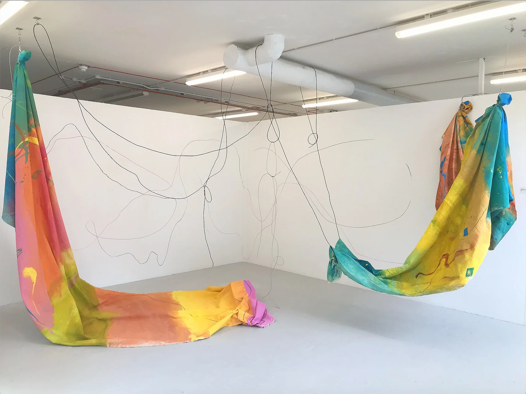 Beyond The Veil & The 4D Fantasy Acrylic on canvas x2, Ink & wires, MA Fine Art degree show, Chelsea College of Arts, London, 2019. All rights reserved to the artist.