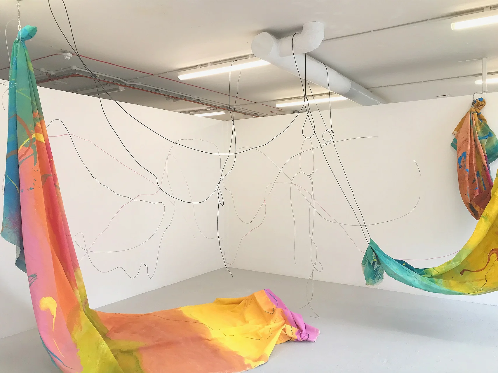 Beyond The Veil & The 4D Fantasy Acrylic on canvas x2, Ink & wires, MA Fine Art degree show, Chelsea College of Arts, London, 2019. All rights reserved to the artist.