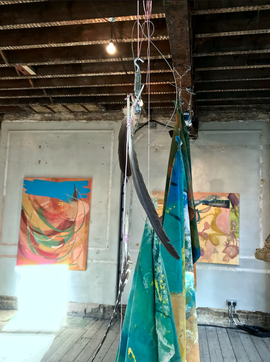 As Above, So Below, Installation, Acrylic on canvases, Sizes variable, October, 2019. The Water Drinkers exhibition, 12 Burleigh Street, Covent Garden, Curated by @ellystephenson Artists @crystal_fischetti @leekayb @harryrudham court