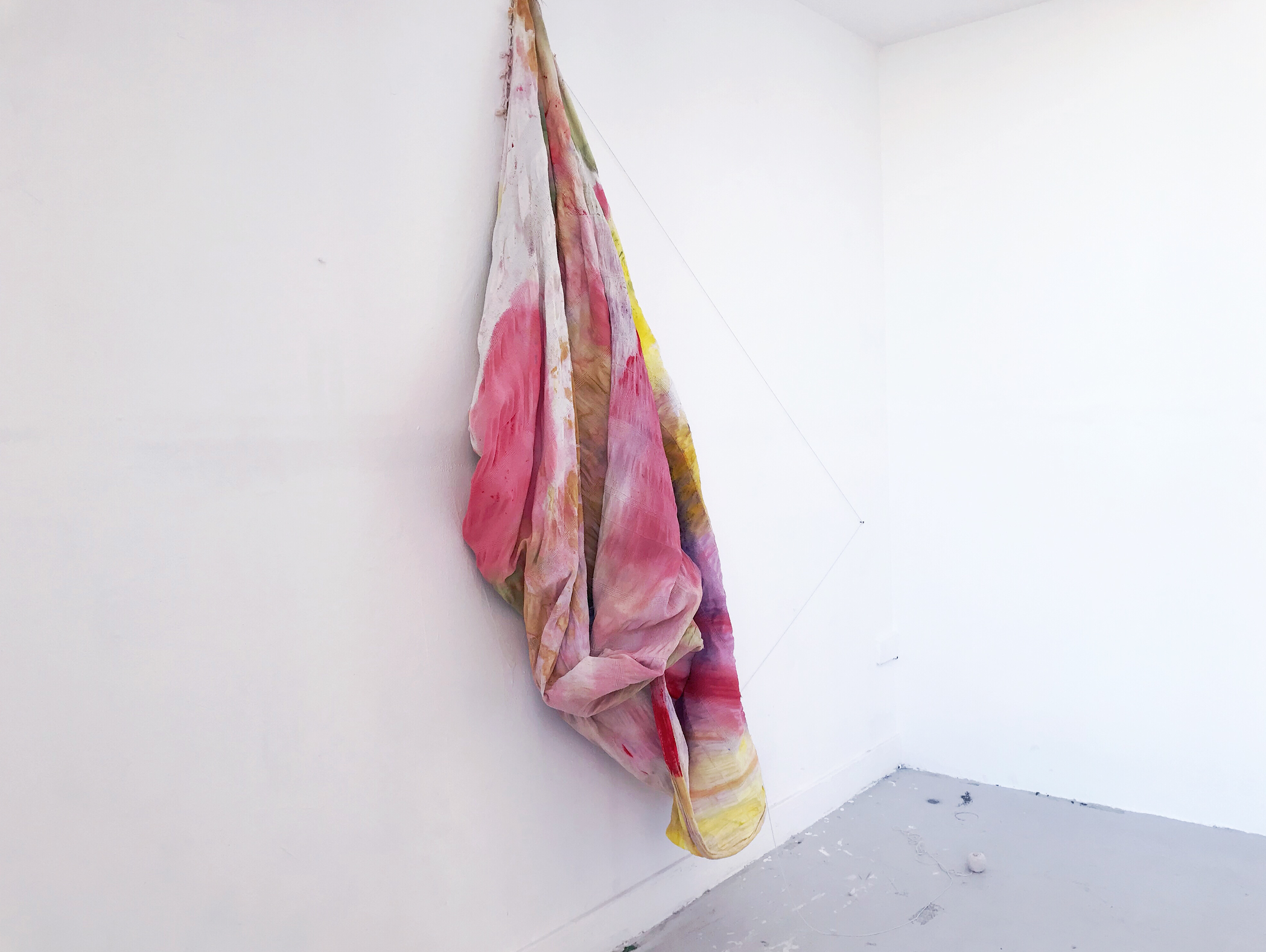 Suspended In-between Two Worlds Acrylic on Indian cotton with string Cookhouse Gallery, London