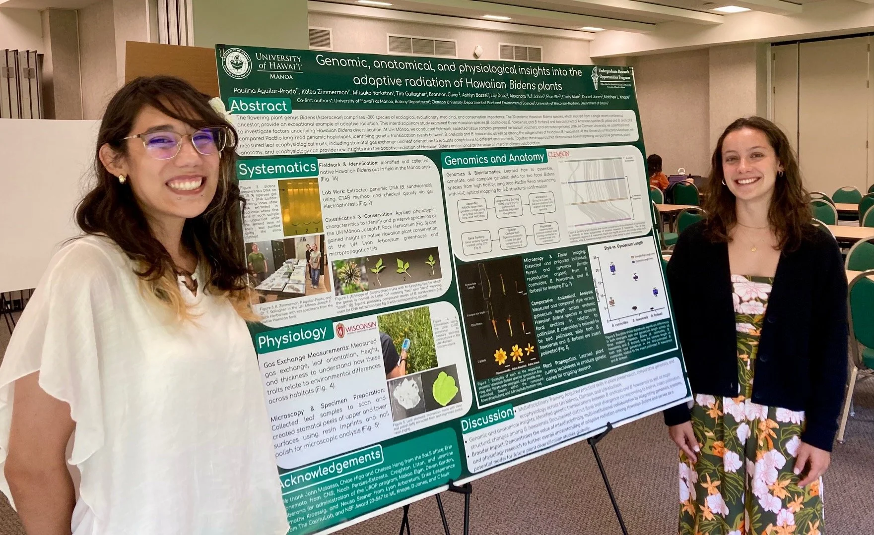  Paulina Aguilar-Prado (left) and Kalea Zimmerman (right) presenting their research at the UH Manoa Summer Undergraduate Research Symposium.  