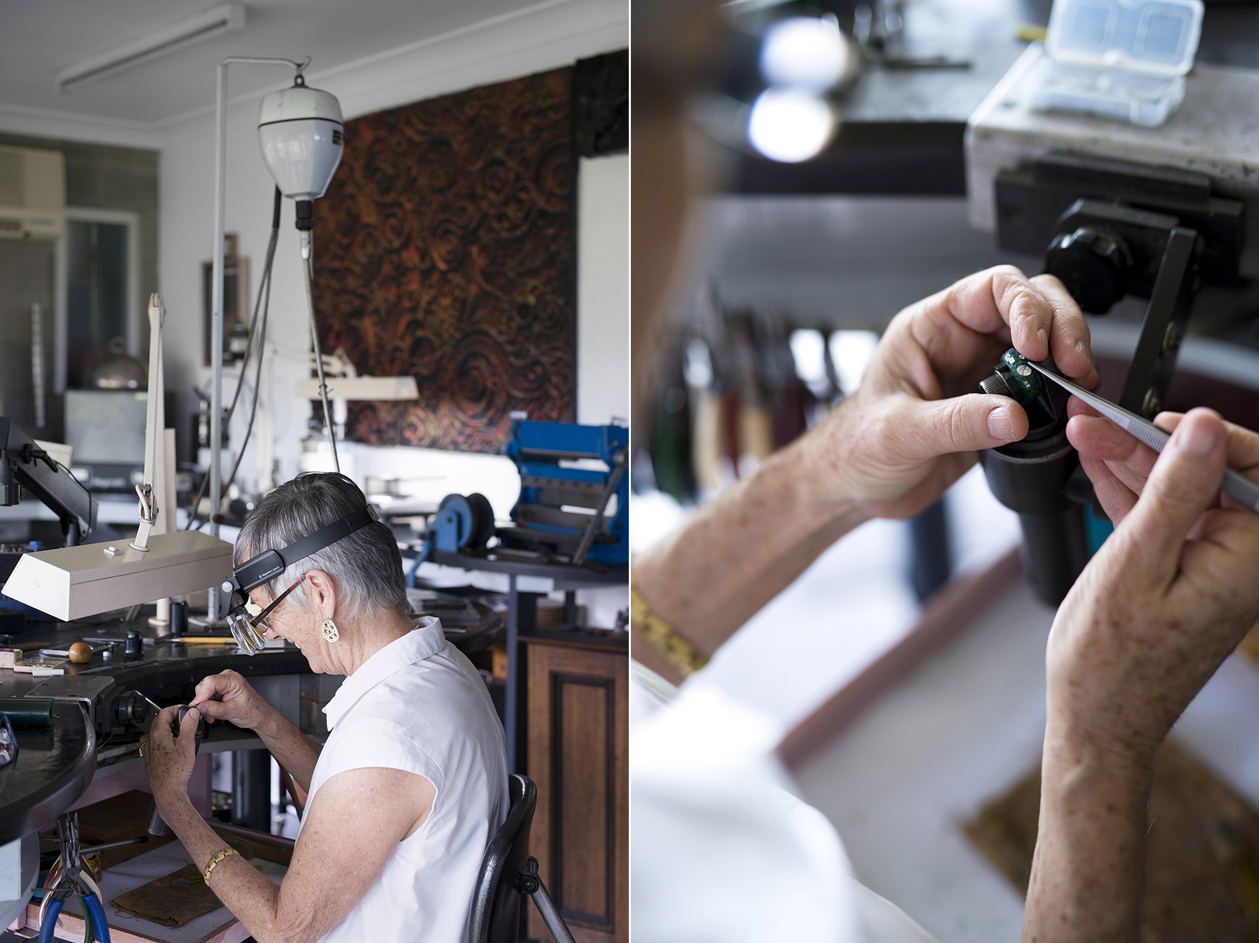 LEFT: Barb in action at one of the workbenches. RIGHT: Barb setting some precious stones into a wax model of a ring.