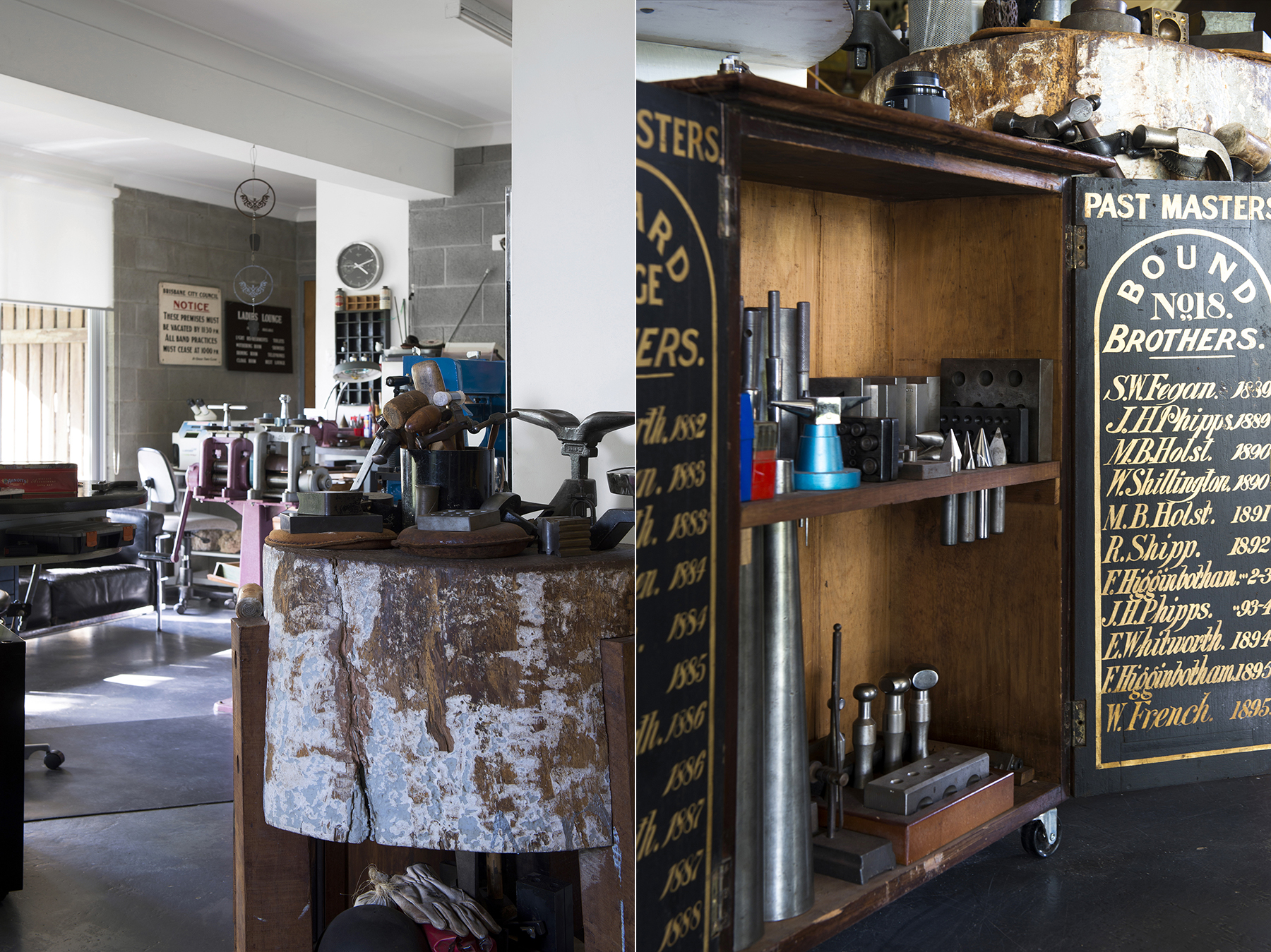 LEFT: View across workshop floor with old butcher's block in the foreground. "It's a great rock solid, sound-deadening hammering spot!" laughs Barb. RIGHT: Tools in vintage cabinet.
