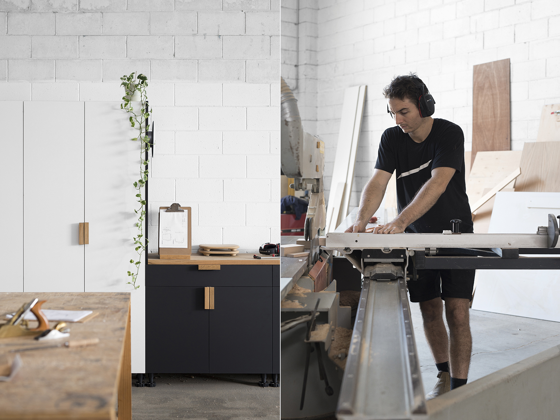 LEFT: Useful storage cupboards were built from offcuts to minimise waste. RIGHT: Rory using the panel saw to cut a piece of timber to the correct length.