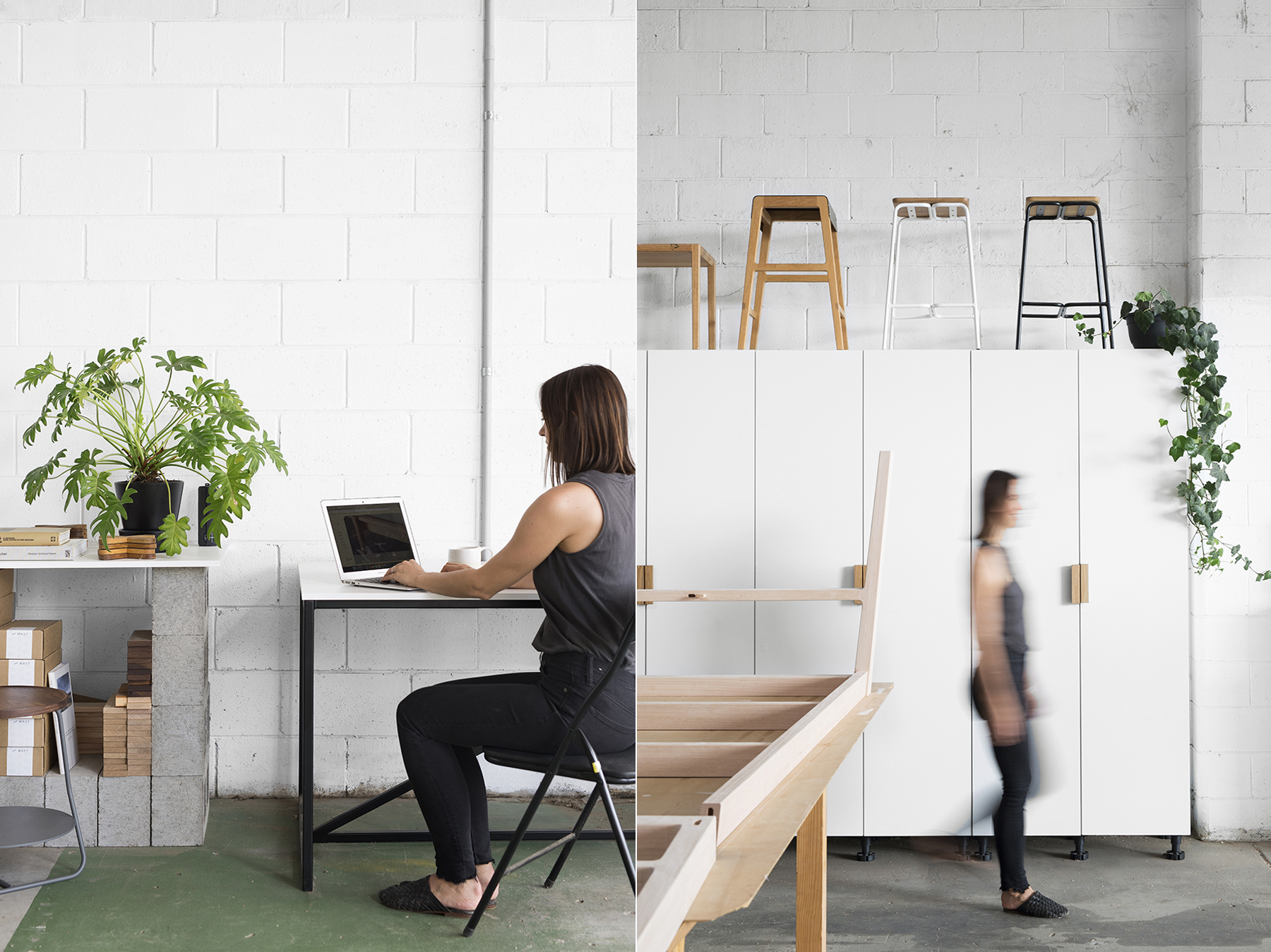 LEFT: Kati working hard to keep those emails at bay! RIGHT: Moving through the storage and finishing area.