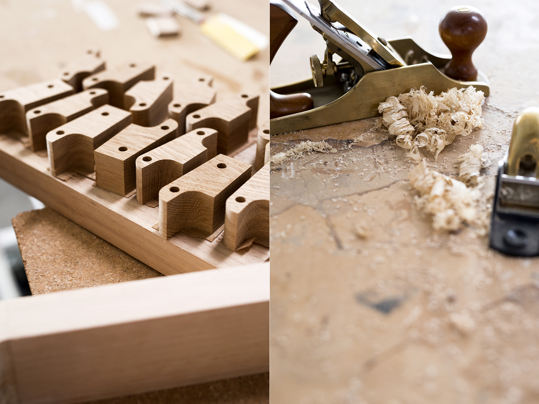 LEFT: Table components ready to be used. RIGHT: Hand planes and wood shavings.