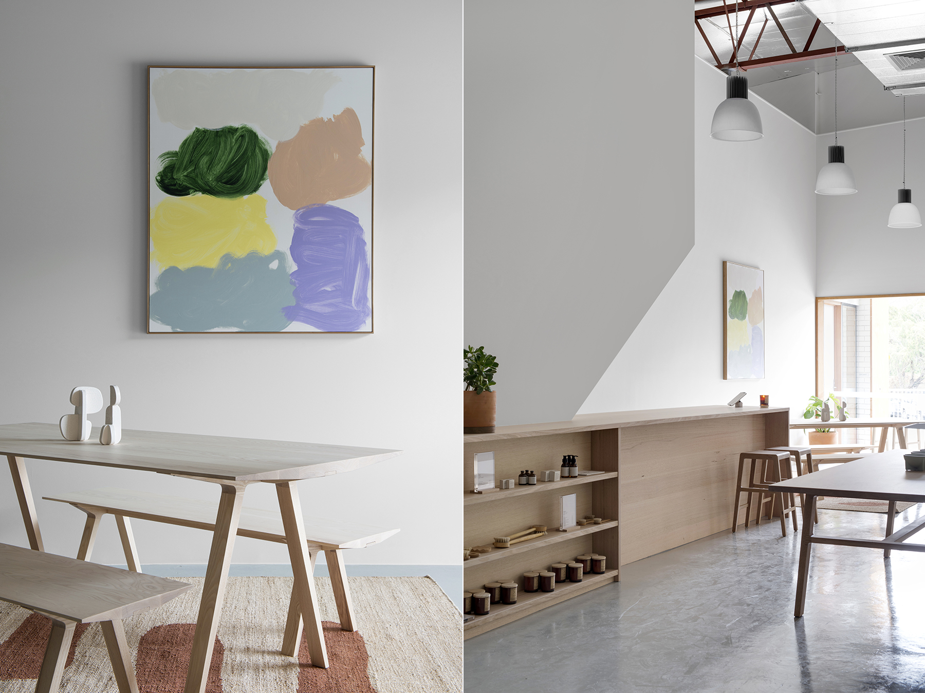 Showroom interiors. LEFT: Louis Dining Table & Bench Seats. Ceramic sculptures by Gidon Bing. Jute Rug by Georgia Cannon. Painting by Gemma Smith on loan from Milani Gallery.