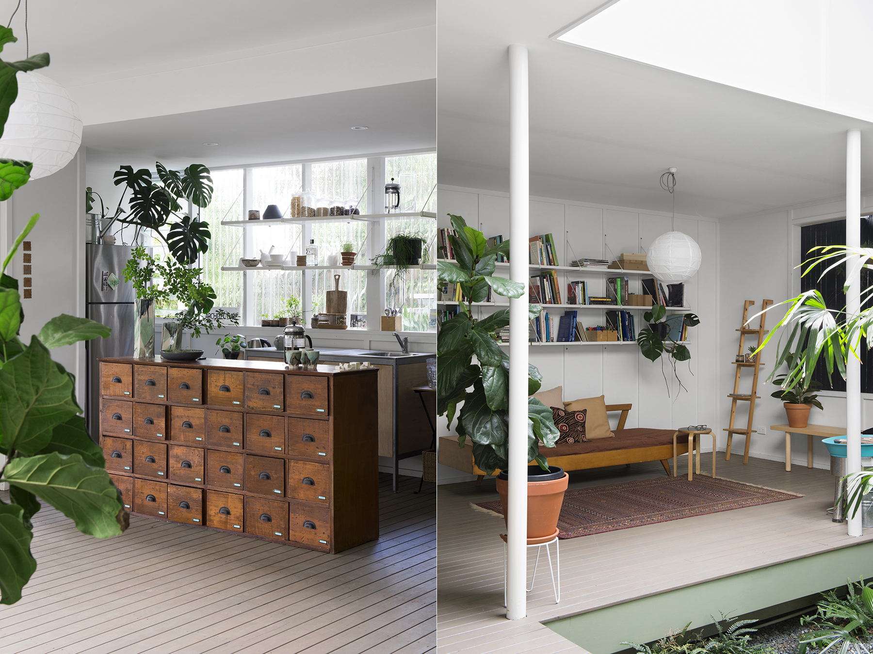 LEFT: The kitchen replete with vintage timber filing drawers repurposed as a kitchen island. RIGHT: The library and daybed area, perfect for a cuppa, a chat, or some reading. Suzie also sometimes uses it as a throwing area as she is a budding potter as well.