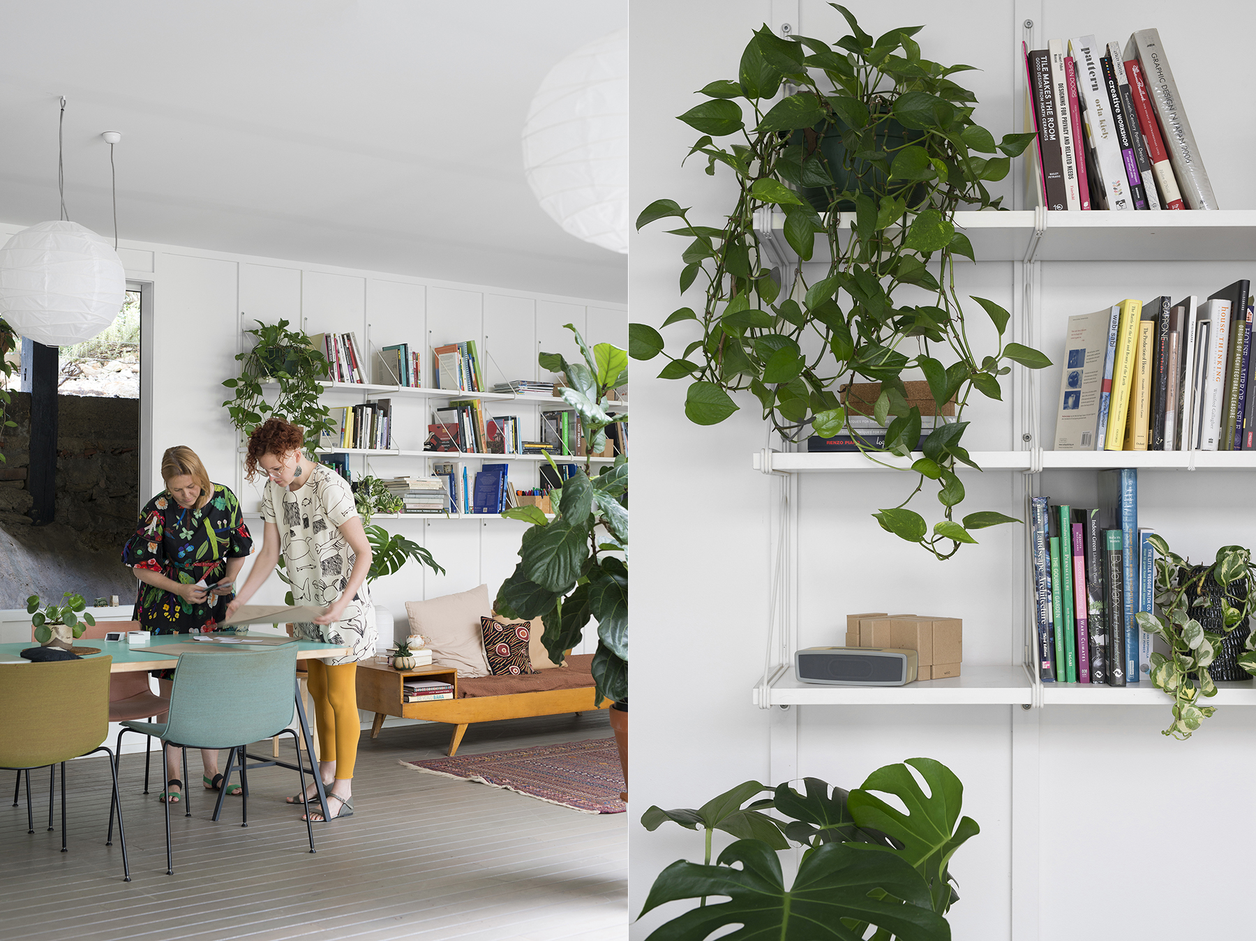 LEFT: Laura and Suzie in planning mode. RIGHT: Garden studio details.