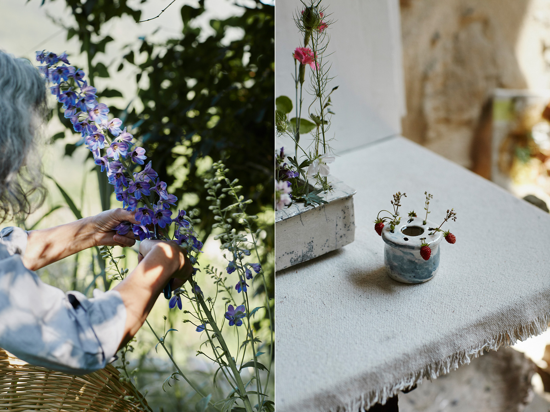 LEFT: Cécile gathering tiny flowers from her garden. RIGHT: One of her Pique-Fleurs.