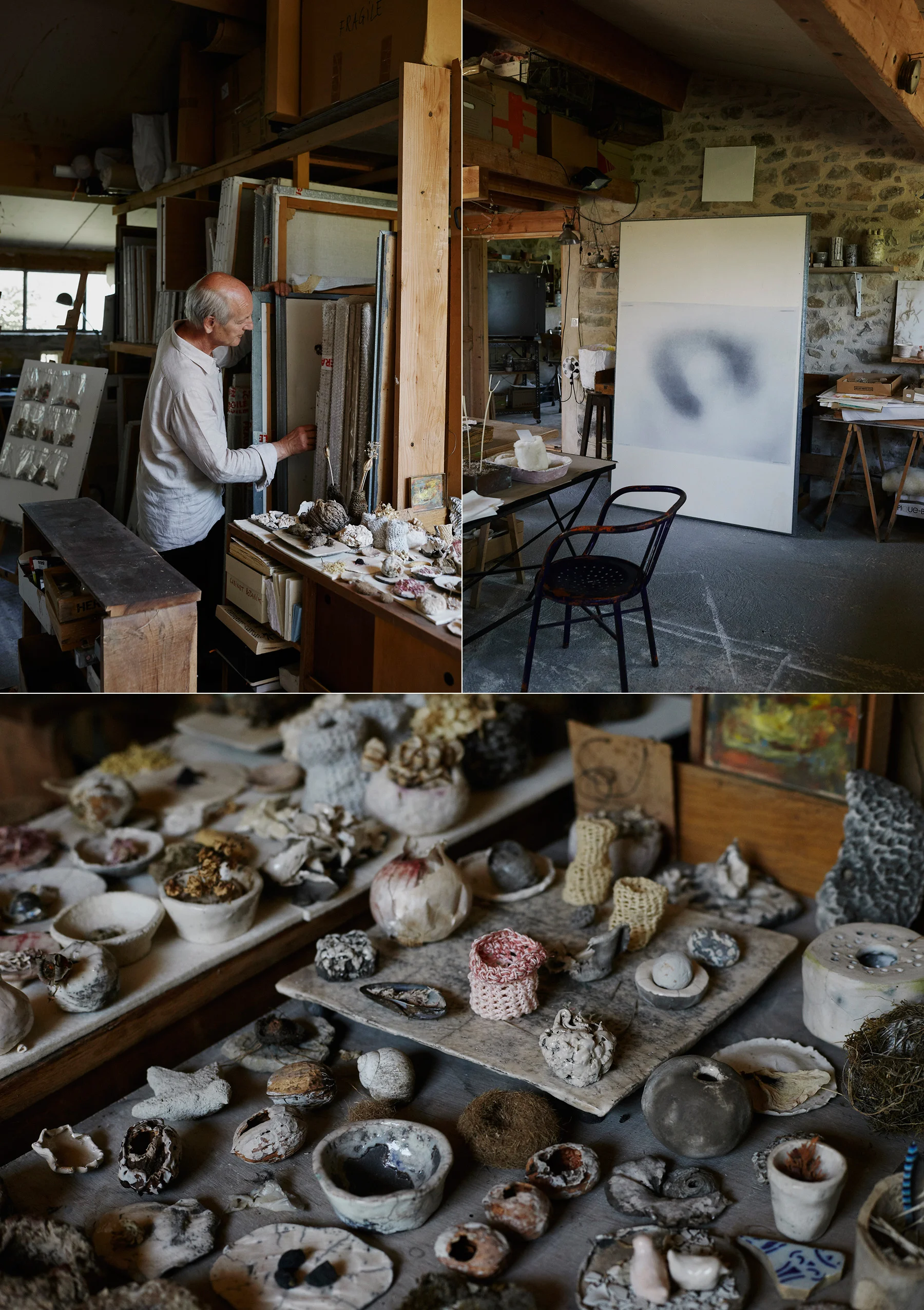 LEFT: Nicolas with Cécile’s paintings, stored in a hand-built “loggia”. RIGHT: Artwork by Cécile. BOTTOM: Details of the work Offrandes de la Nature! .