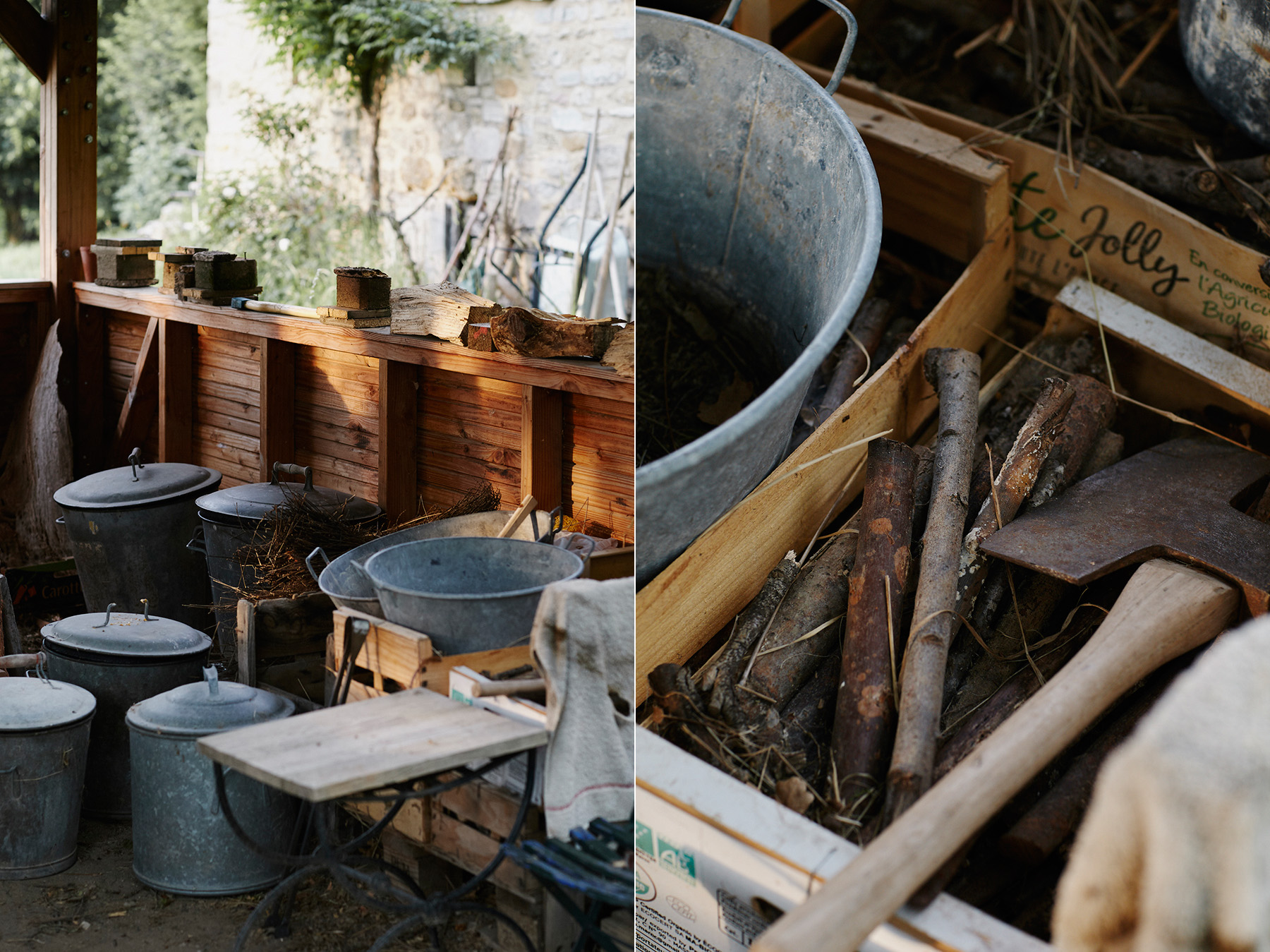 LEFT: The incandescent ceramics are ‘smoked’ in these metal receptacles with dried herbs and flowers from the garden. RIGHT: Detail of wood used to fuel the kiln.
