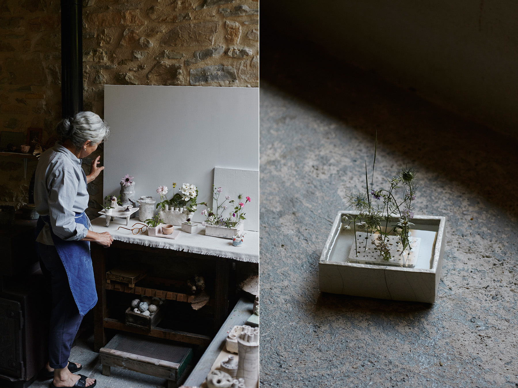 LEFT: Cécile arranges flowers from the garden in her vases. RIGHT: Pique-Fleurs en bassin .