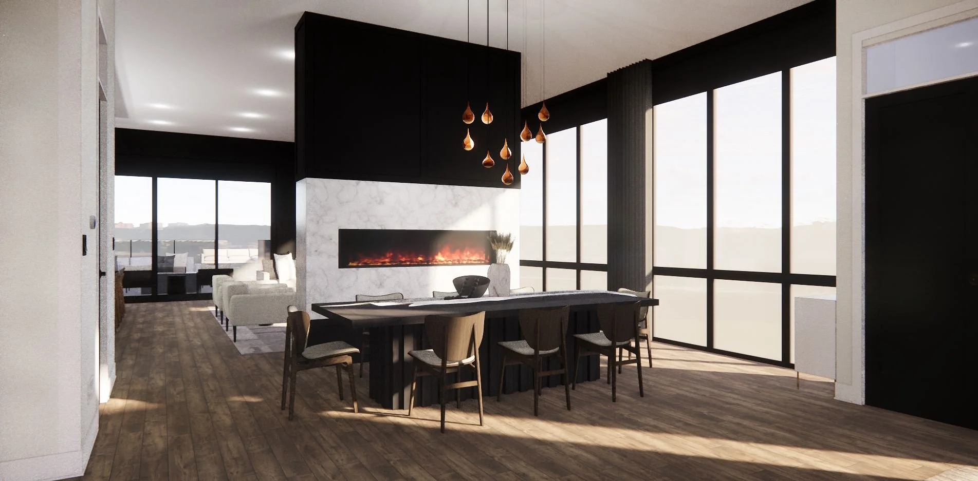 Modern open-concept living and dining area with large windows, a fireplace, and minimalist decor.