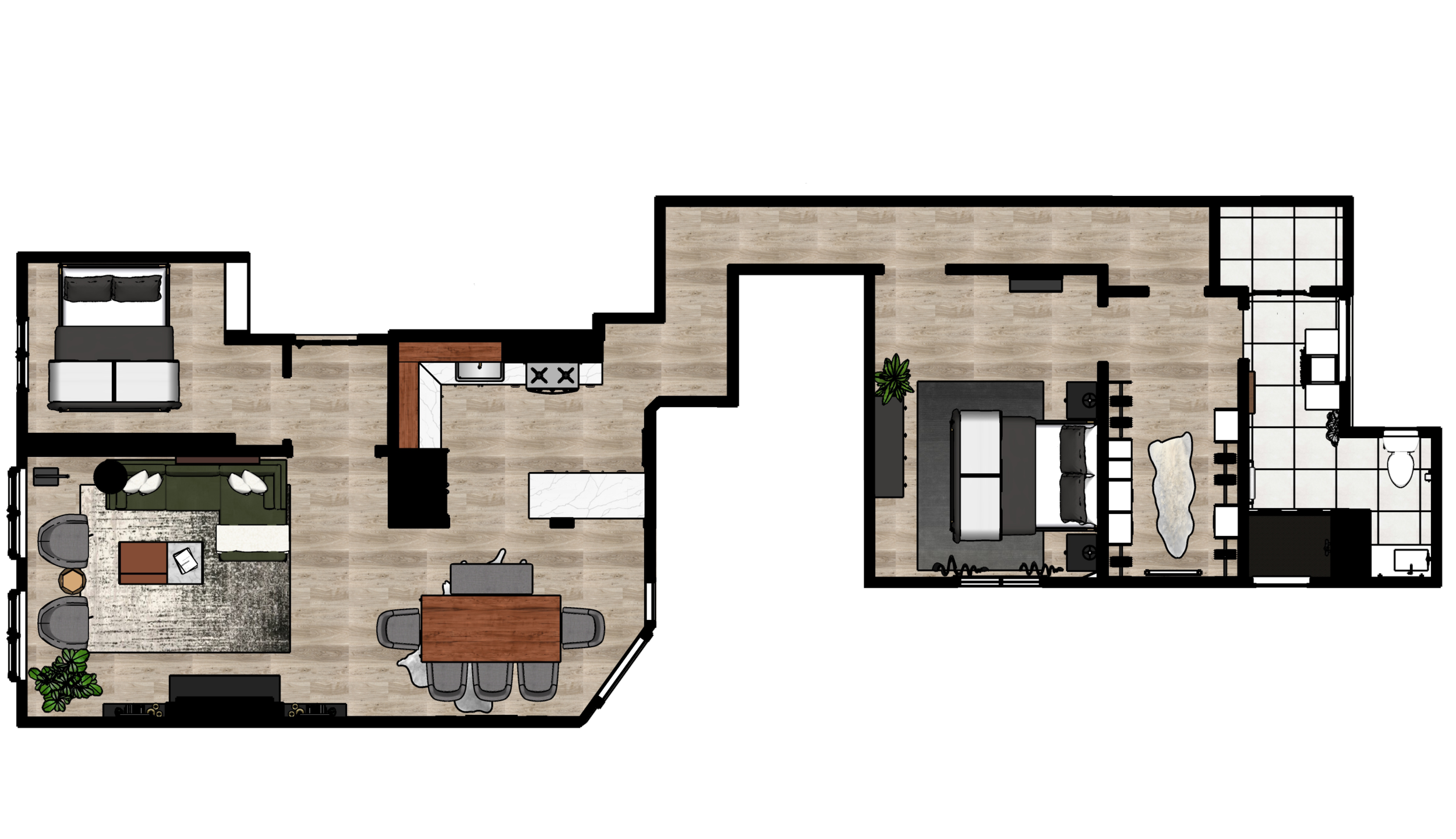 The new floorplan that we came up with maintained the same number of bedrooms and bathrooms but completely reconfigured the apartment! Off of the living room, there had been an extra den space that opened up to the room with no door. We closed that off, and created an entryway from the side, creating a new second bedroom and a larger living room. Then in the back of the apartment, we split the existing master bedroom (which originally had the bathroom INSIDE of it) into a larger master bathroom and a huge walk-in closet. We then converted what was originally the second bedroom into the new master bedroom. In order to update the master bathroom without moving any plumbing, we left the toilet in it’s original location and replaced the existing shower with the vanity, giving some breathing room between the two. We used the plumbing hookups for the original vanity and replaced it with a larger, glassed-in shower.