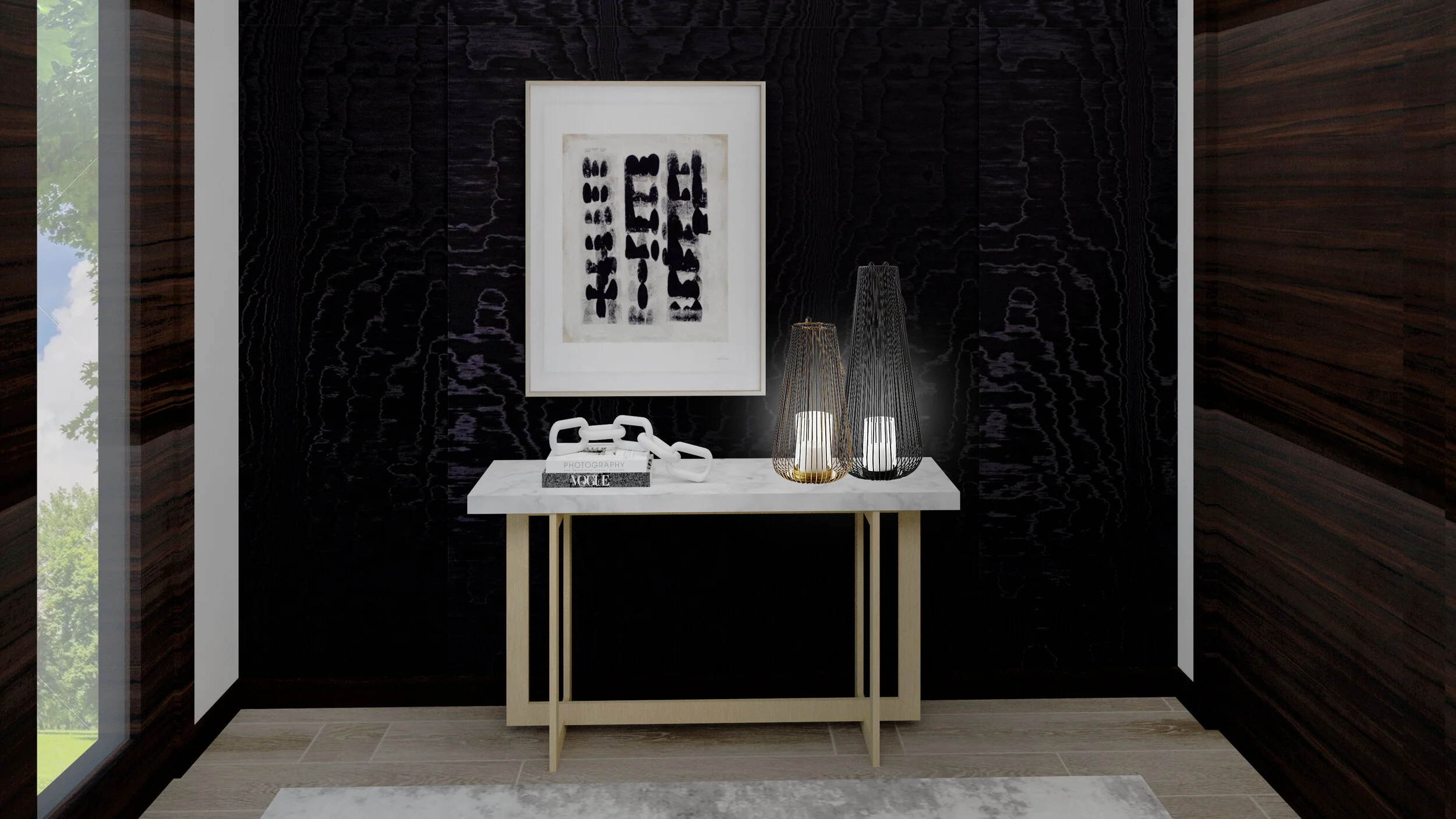 To add some drama to the space, we incorporated a moody, textural wallcovering in the entryway and dining room.