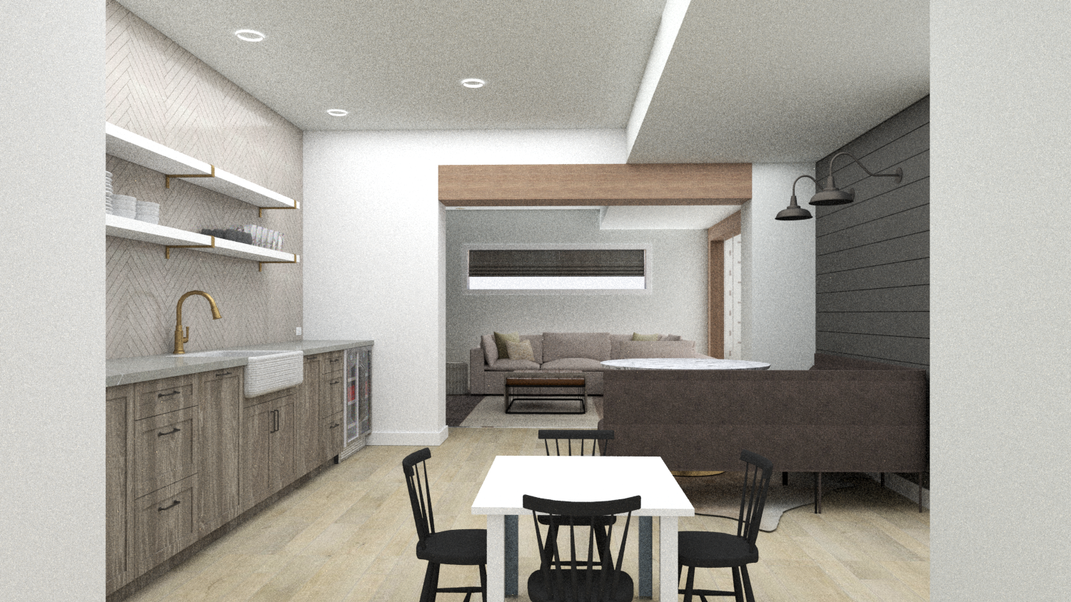 In the kitchenette area, the clients wanted a banquette space for morning coffees and family games. They also wanted a small kitchen area with a microwave, wine and beverage fridge, plus a sink and dishwasher. It’s meant to be a space where coffee a…