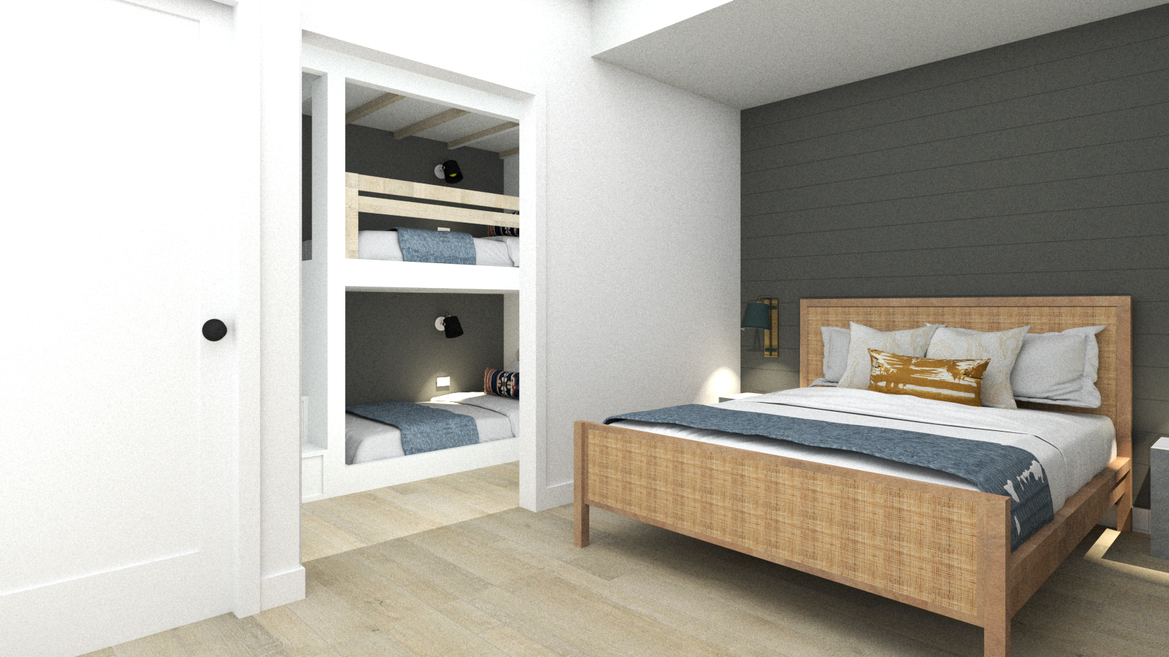 We actually proposed two options for the guest suite. This first one (which the clients chose) had a main bedroom by the window and had a secondary room off of it where we proposed custom built-in bunkbeds and a closet. This option was perfect for a…