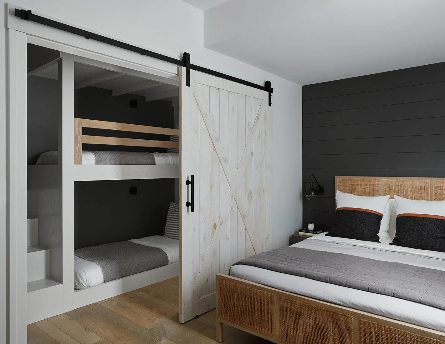 Throughout the basement, we incorporated shiplap accent walls painted charcoal gray to give a nod to the modern farmhouse vibe of the house while also adding a unique, dramatic twist. Warm wood tones and bright white touches make the space warm and …