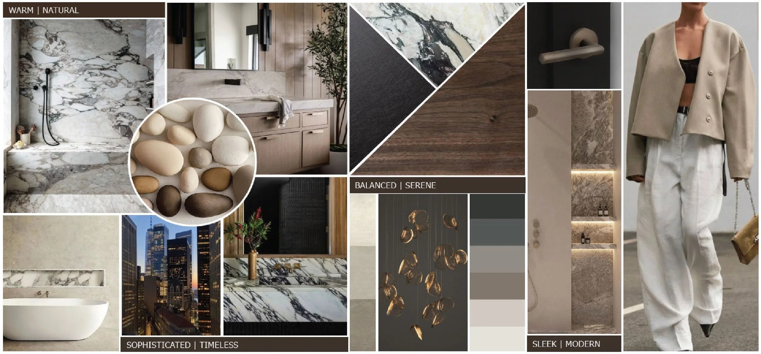 Collage of interior design elements featuring marble textures, neutral color palettes, natural materials, modern furniture, urban cityscape, lighting fixtures, and fashion model in beige and white clothing.