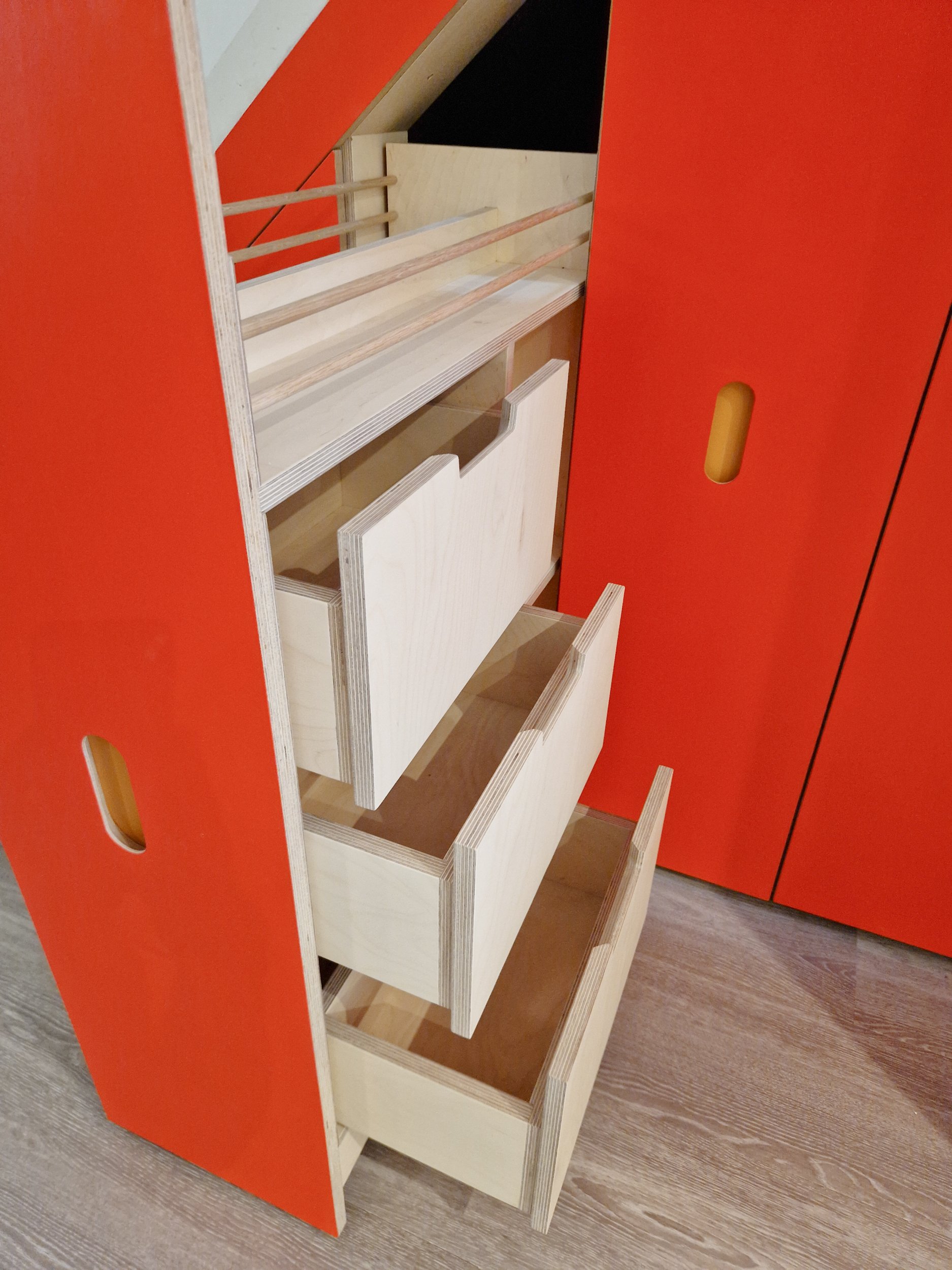 plywood bespoke drawer of many drawers under stairs eaves cupboard storage somerset