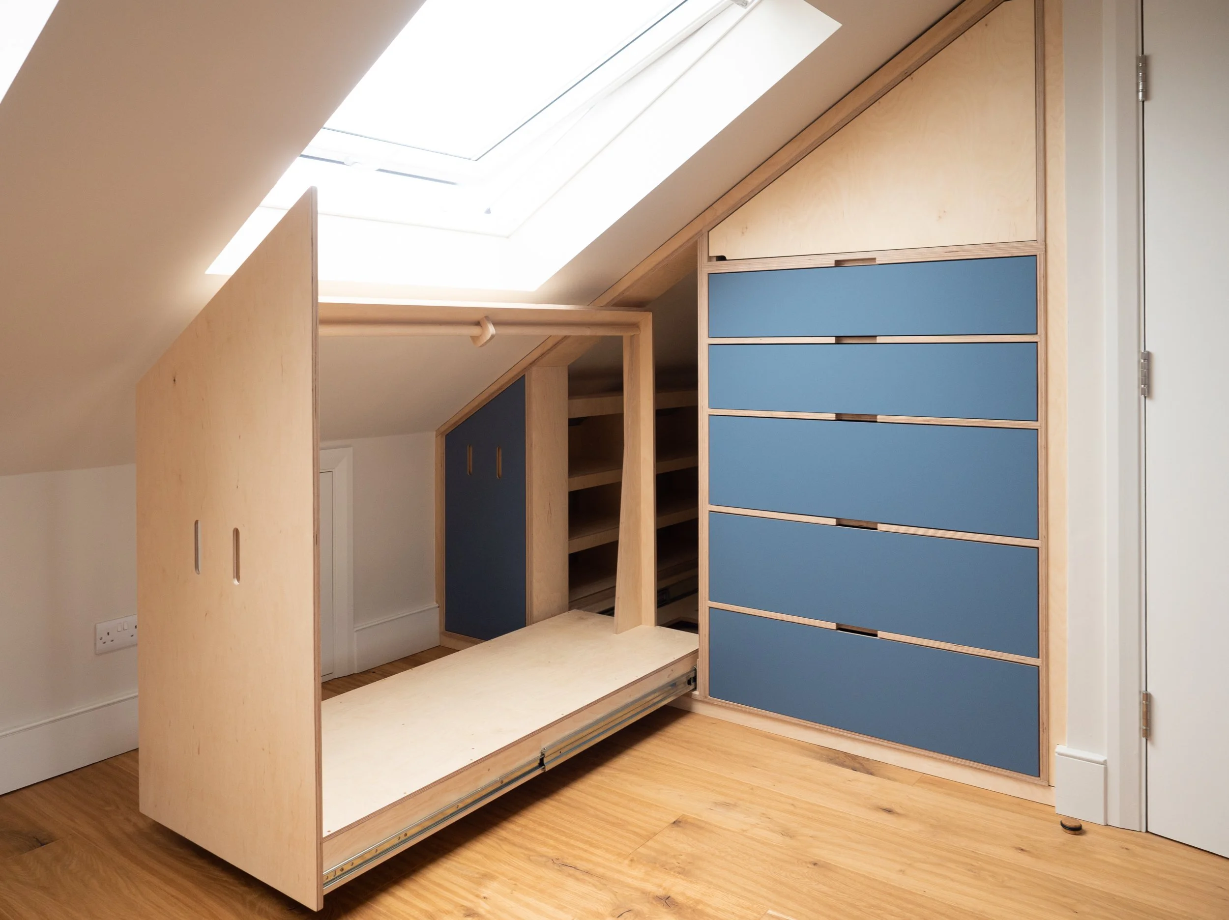 huge pull-out clothes rail eaves wardrobe plywood birch bespoke fitted somerset gloucestershire devon