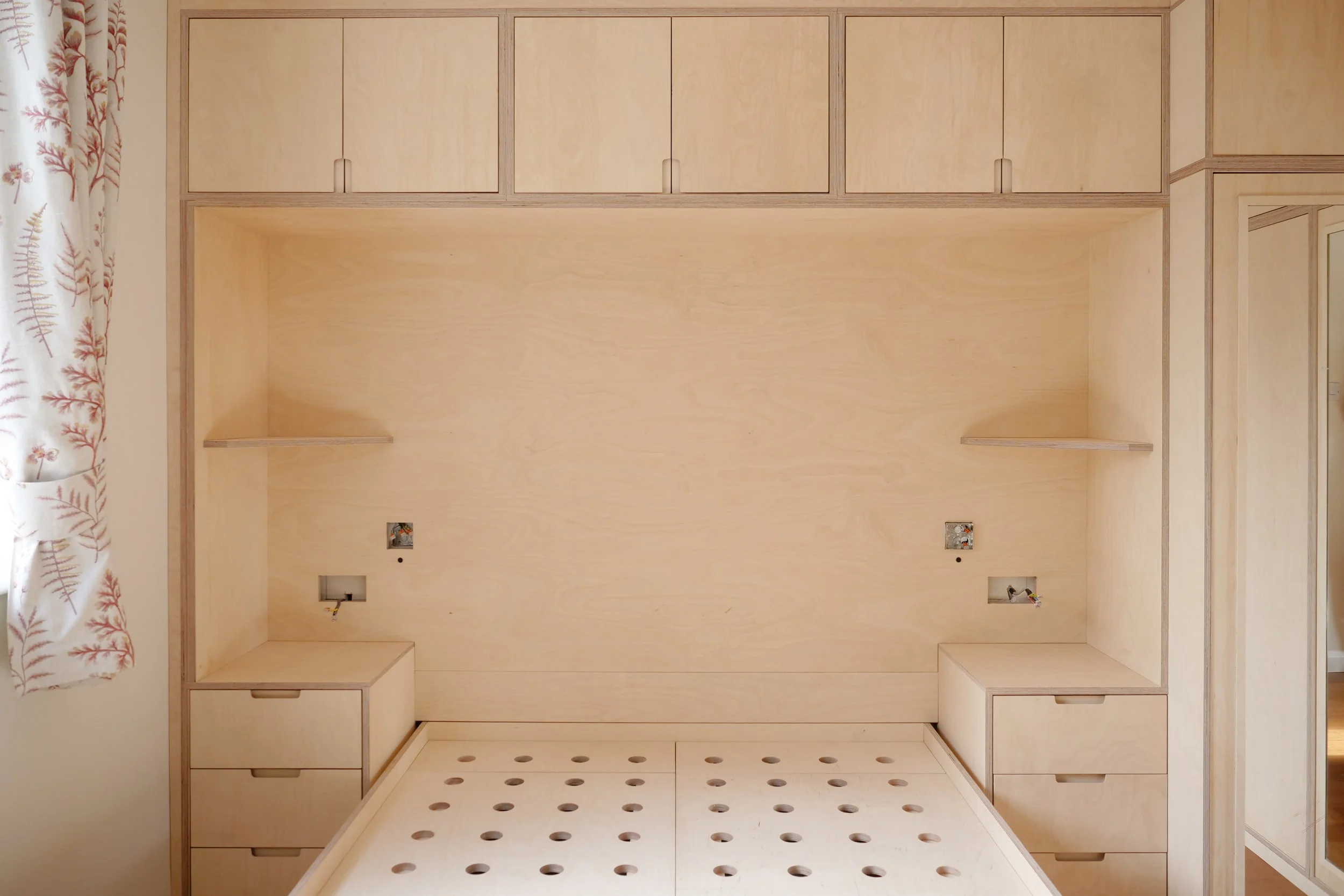 birch plywood bed with ply headboard, side lights, drawers, cupboards, somerset devon gloucestershire cheltenham cardiff cotswolds