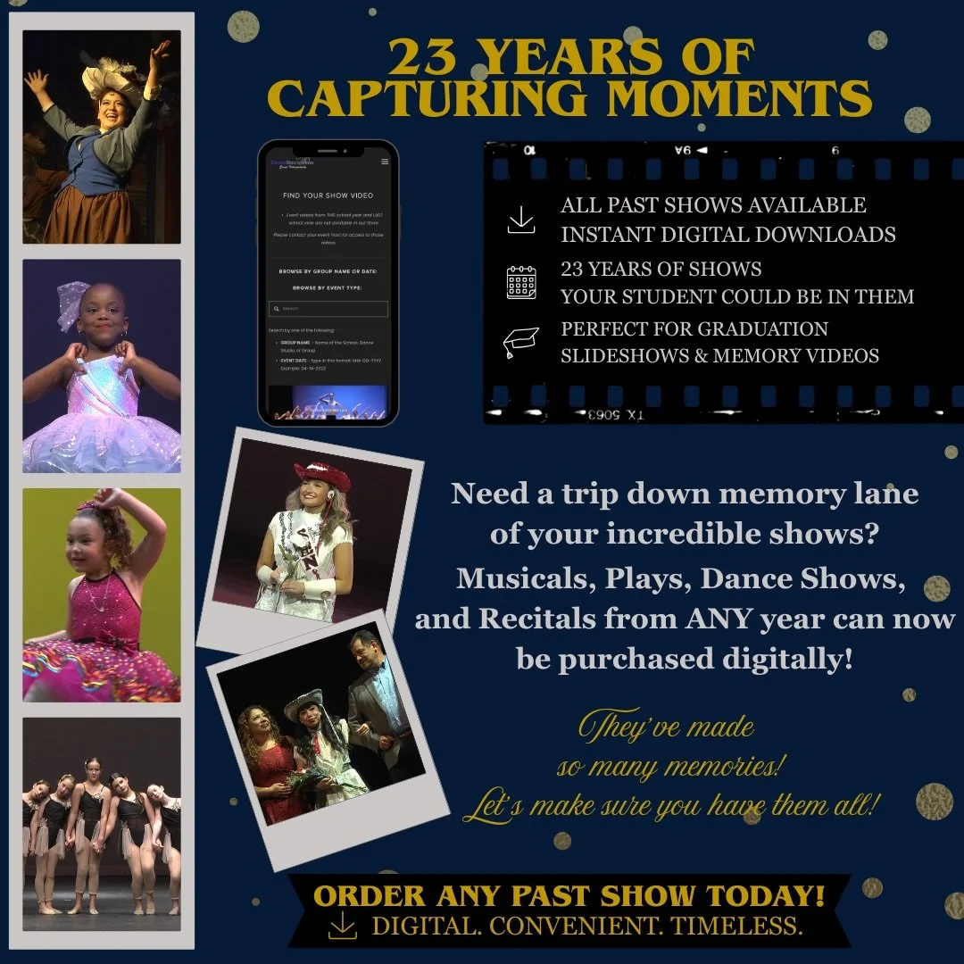 Graduation day is approaching quickly! 🧑🏻&zwj;🎓
Now is the PERFECT time to purchase past shows! 🎥From when they were tiny dancers to senior year. If we filmed your show all the way back in 2003 to this year, we got it! This is perfect for graduat