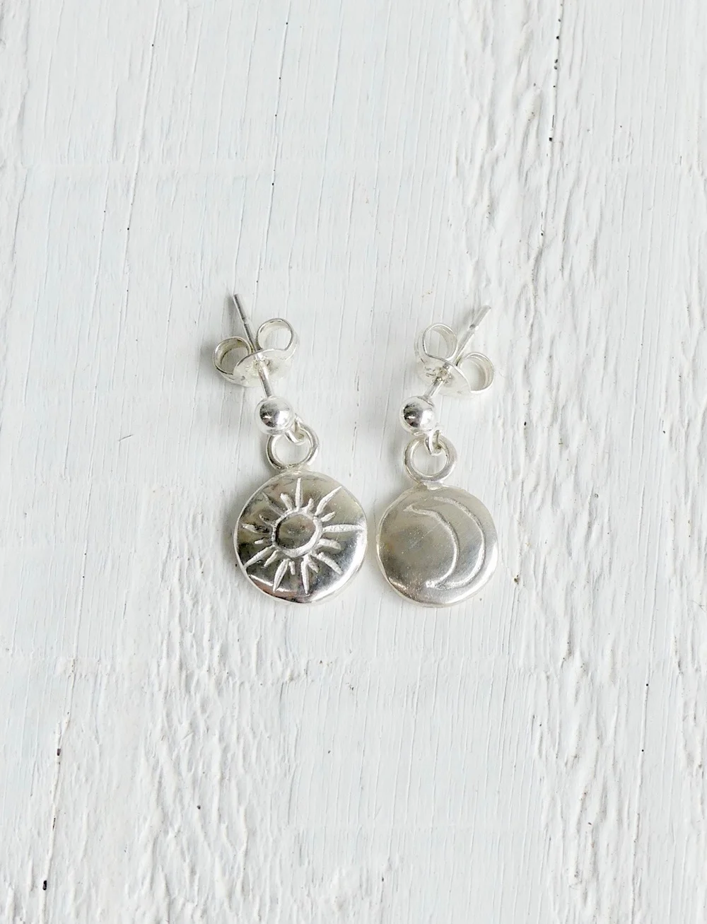 Silver Sun and Moon Dangle Studs